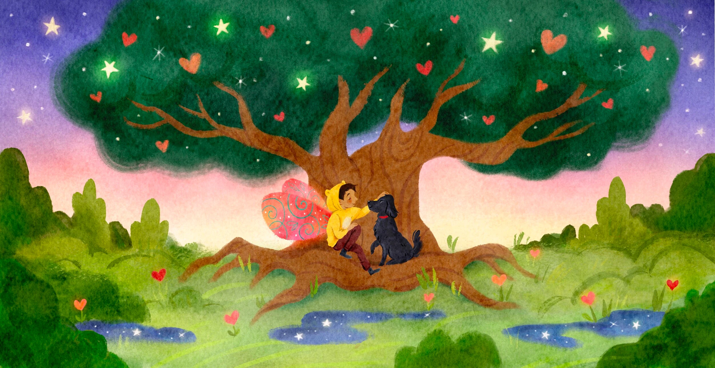 Boy with fairy wings sitting with a black dog beneath a starry, heart-covered tree