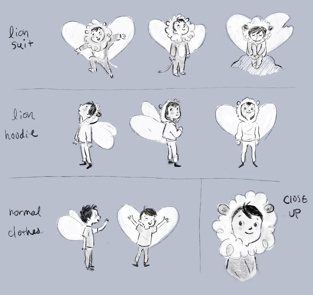 Character sketch sheet showing the boy in a lion suit, lion hoodie, and normal clothes with fairy wings