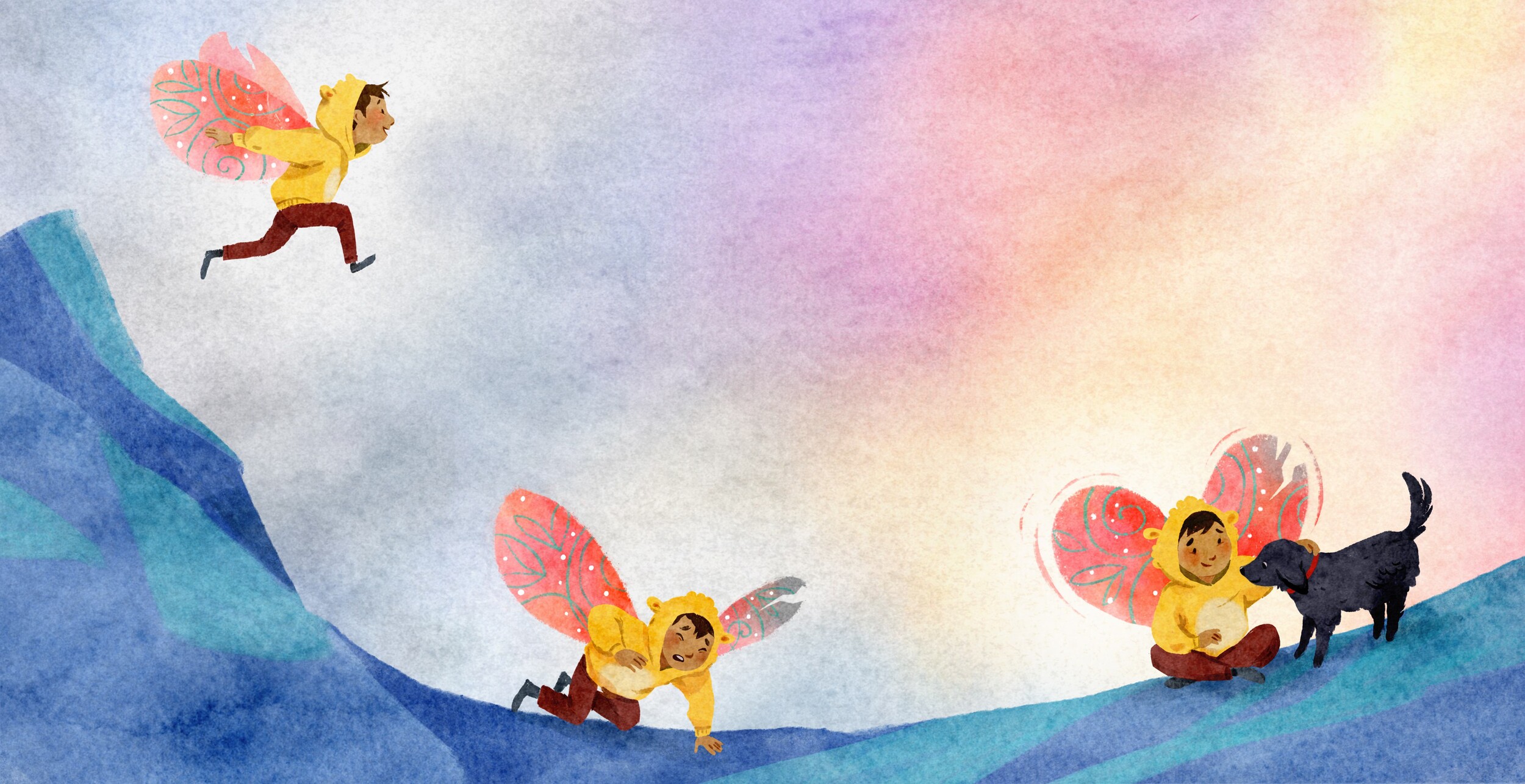Three poses of the boy with fairy wings running, falling, and sitting with a black dog on cliffs