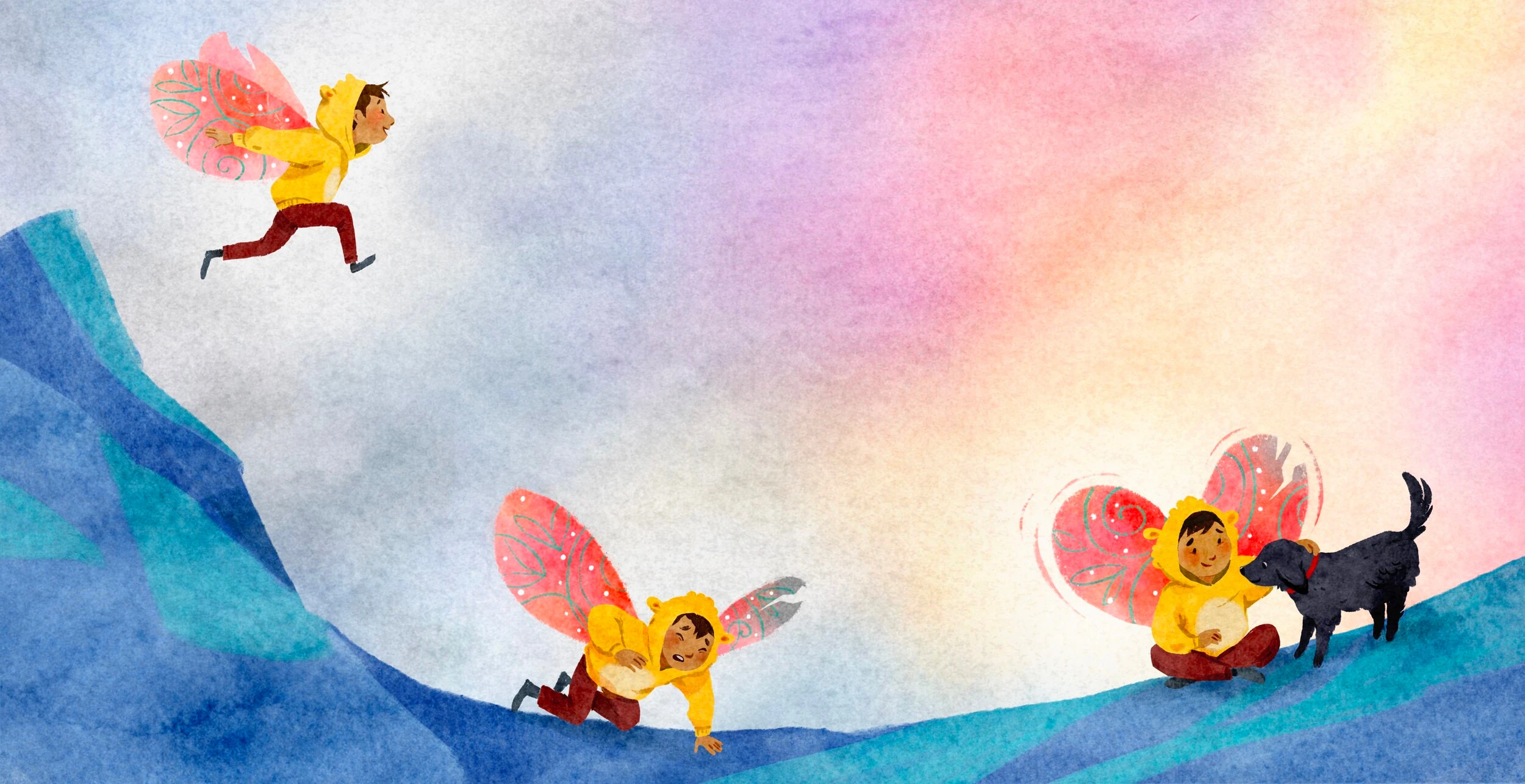 Three poses of the boy with fairy wings running, falling, and sitting with a black dog on cliffs