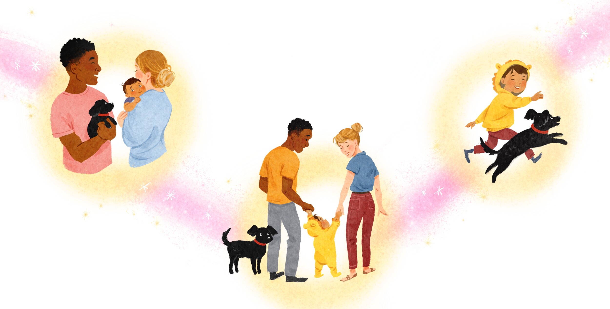Family scenes with parents, a baby, a toddler, and a black dog in a golden sparkling glow