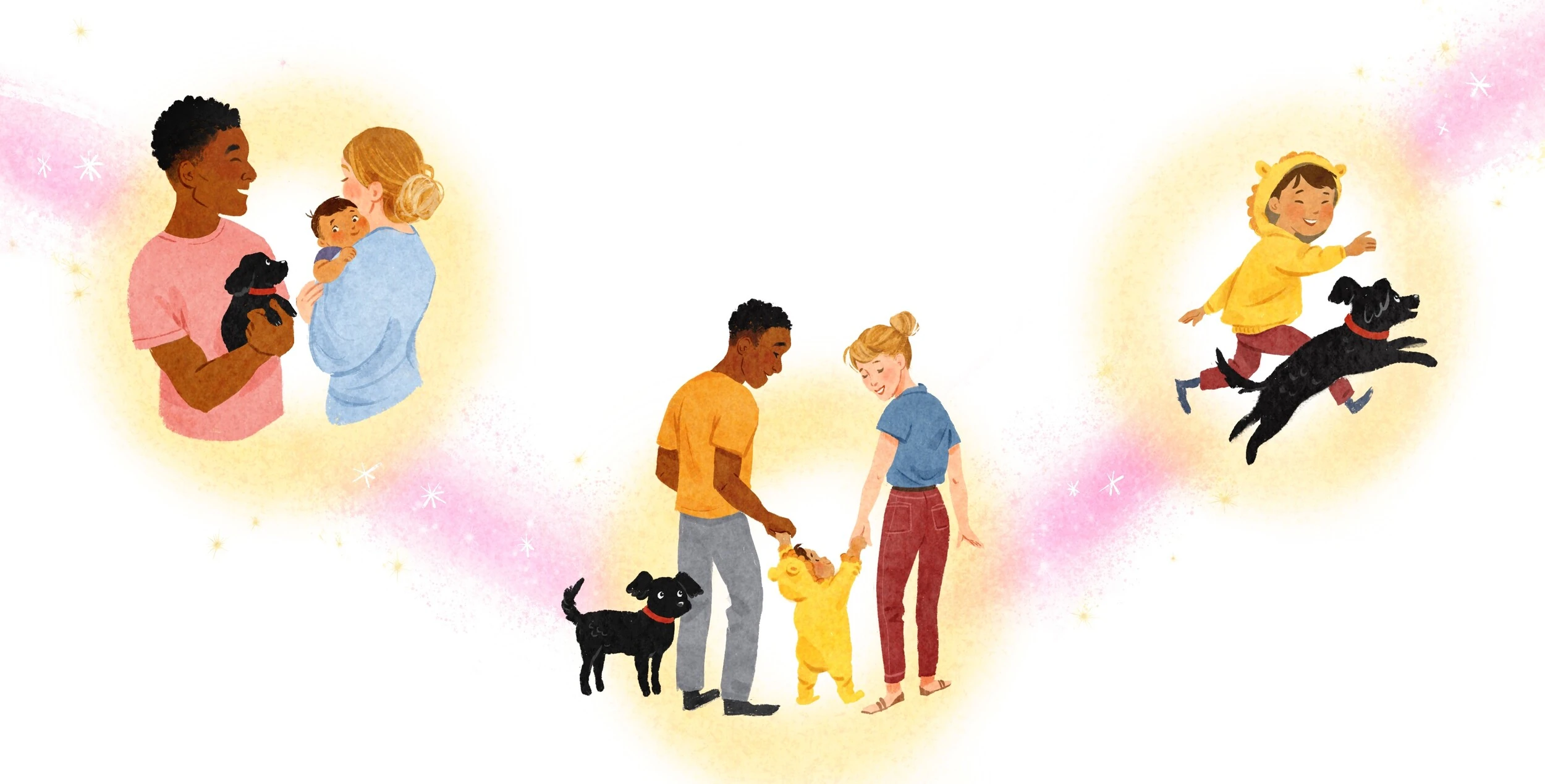 Family scenes with parents, a baby, a toddler, and a black dog in a golden sparkling glow