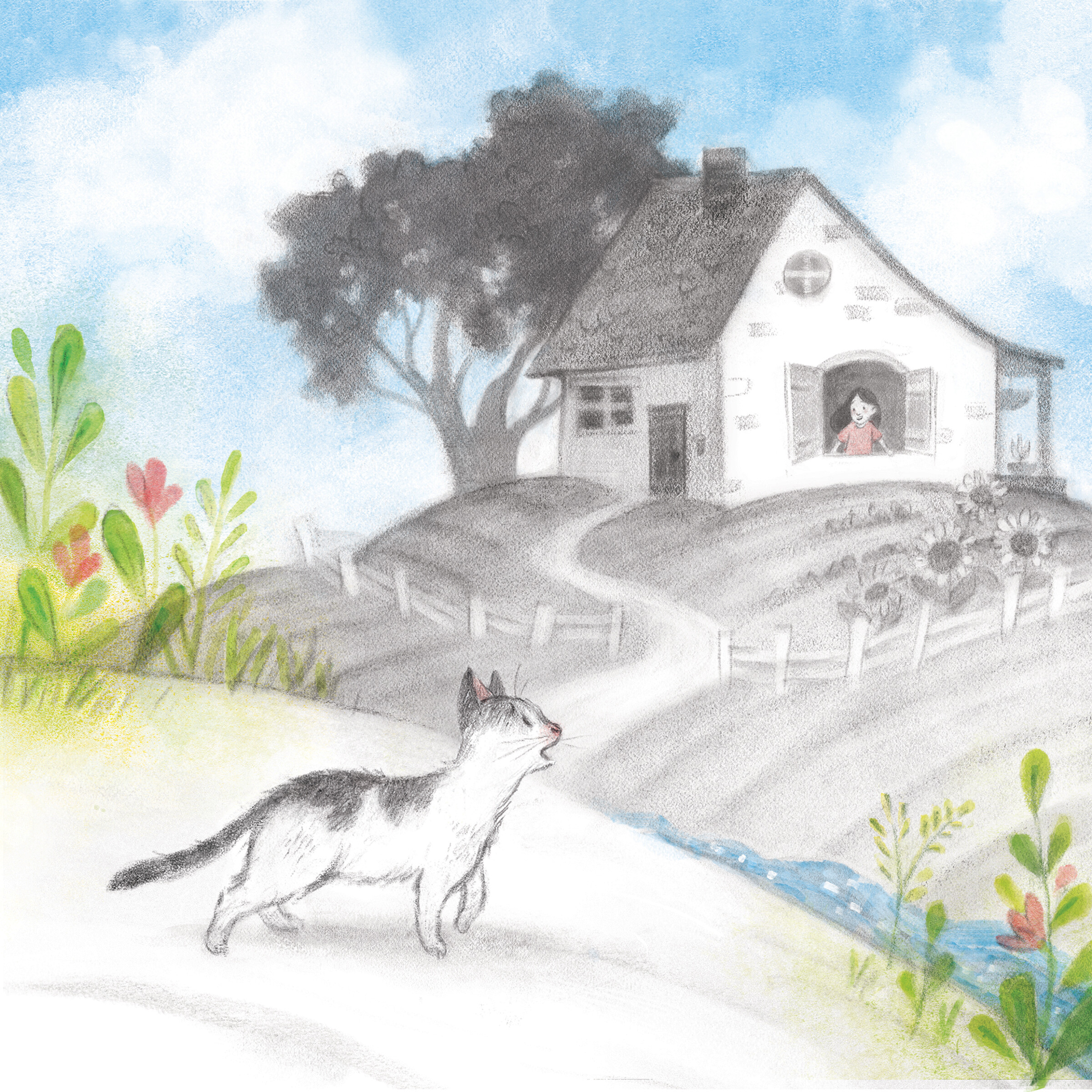 A cottage on a hill with a tree, a girl waving from the window, and Noname walking up the path