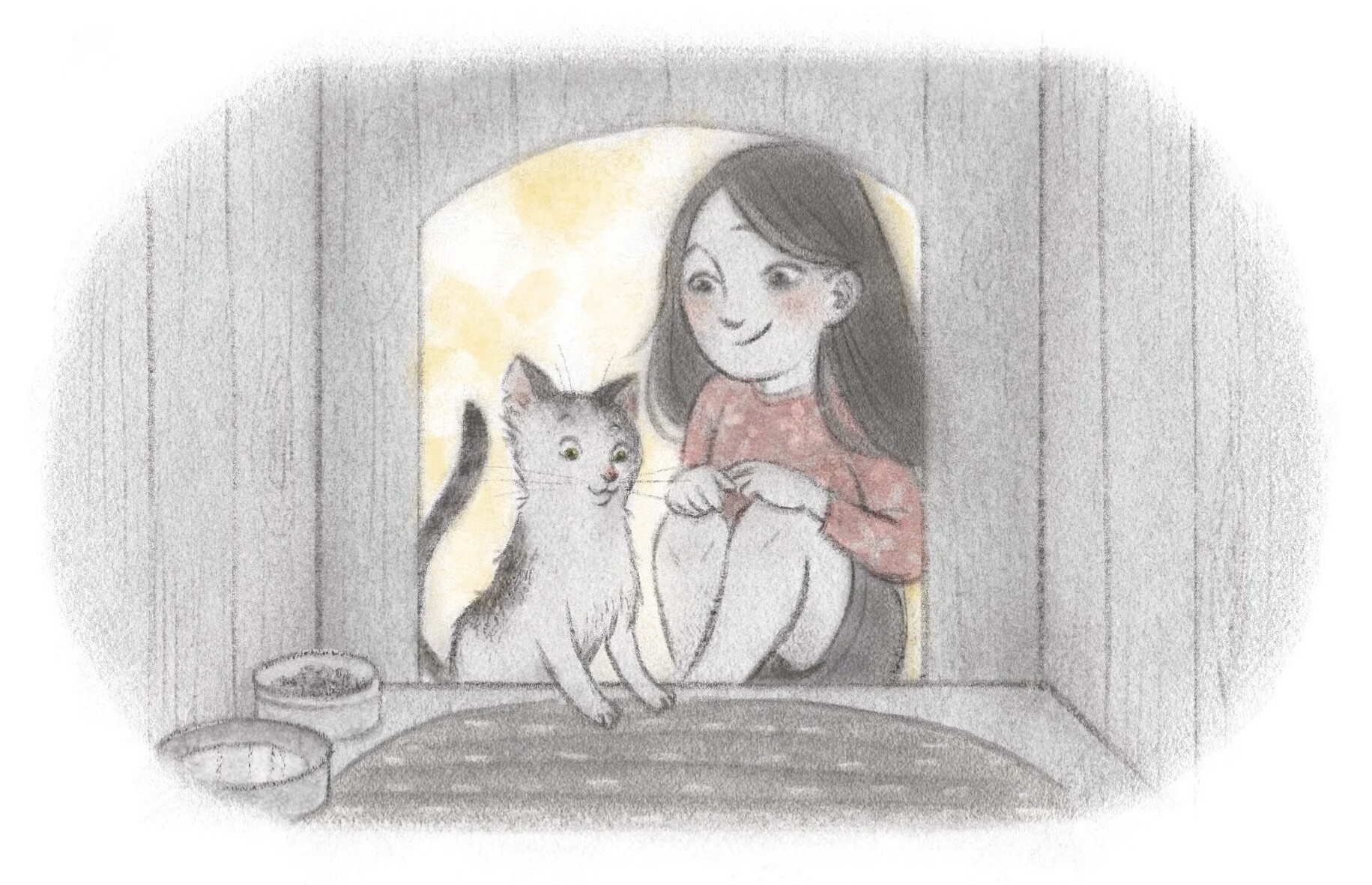 A girl and the cat sitting together in a barn doorway with food bowls nearby