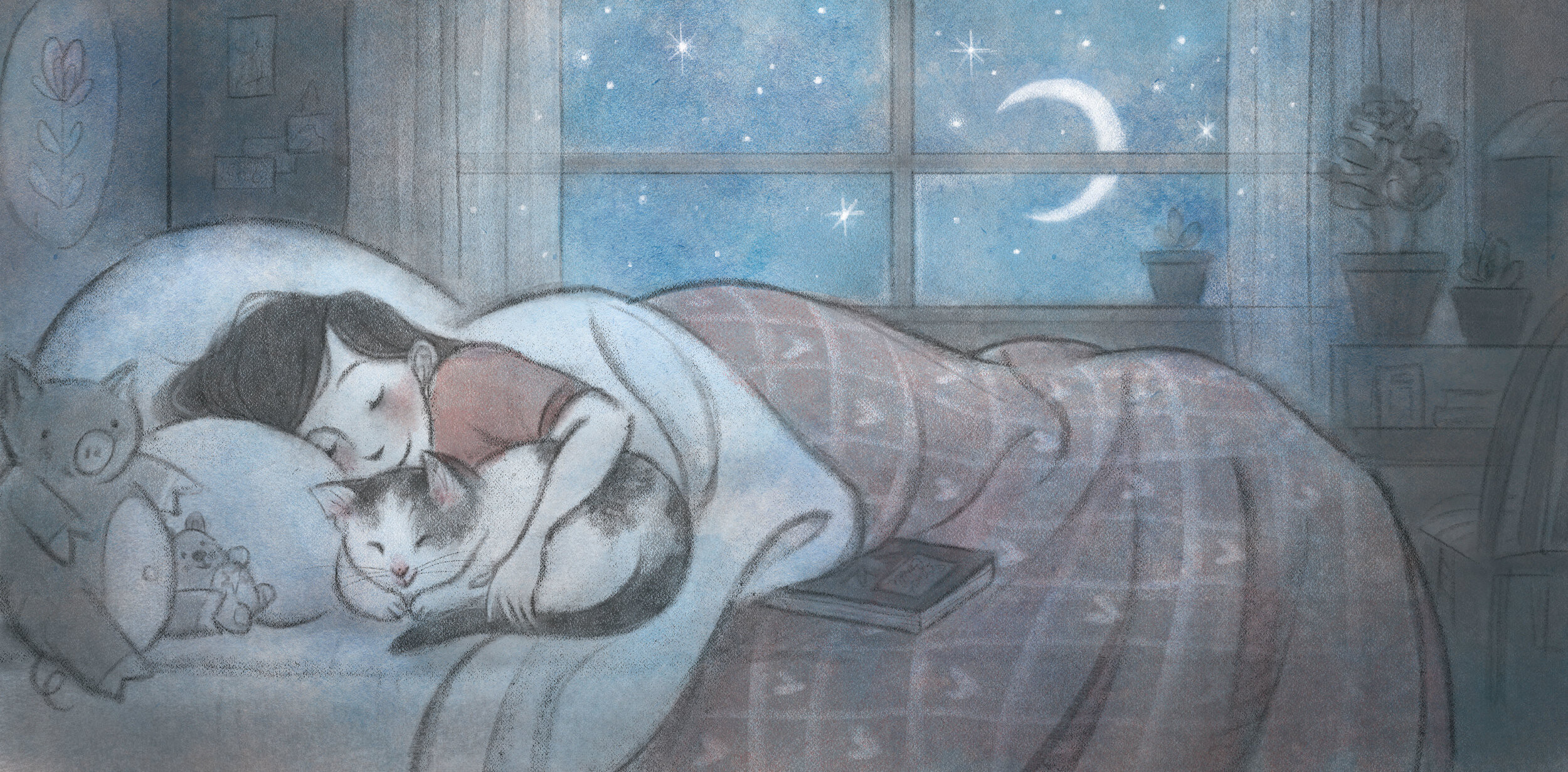 A girl asleep in bed cuddling the cat, moon and stars in the window