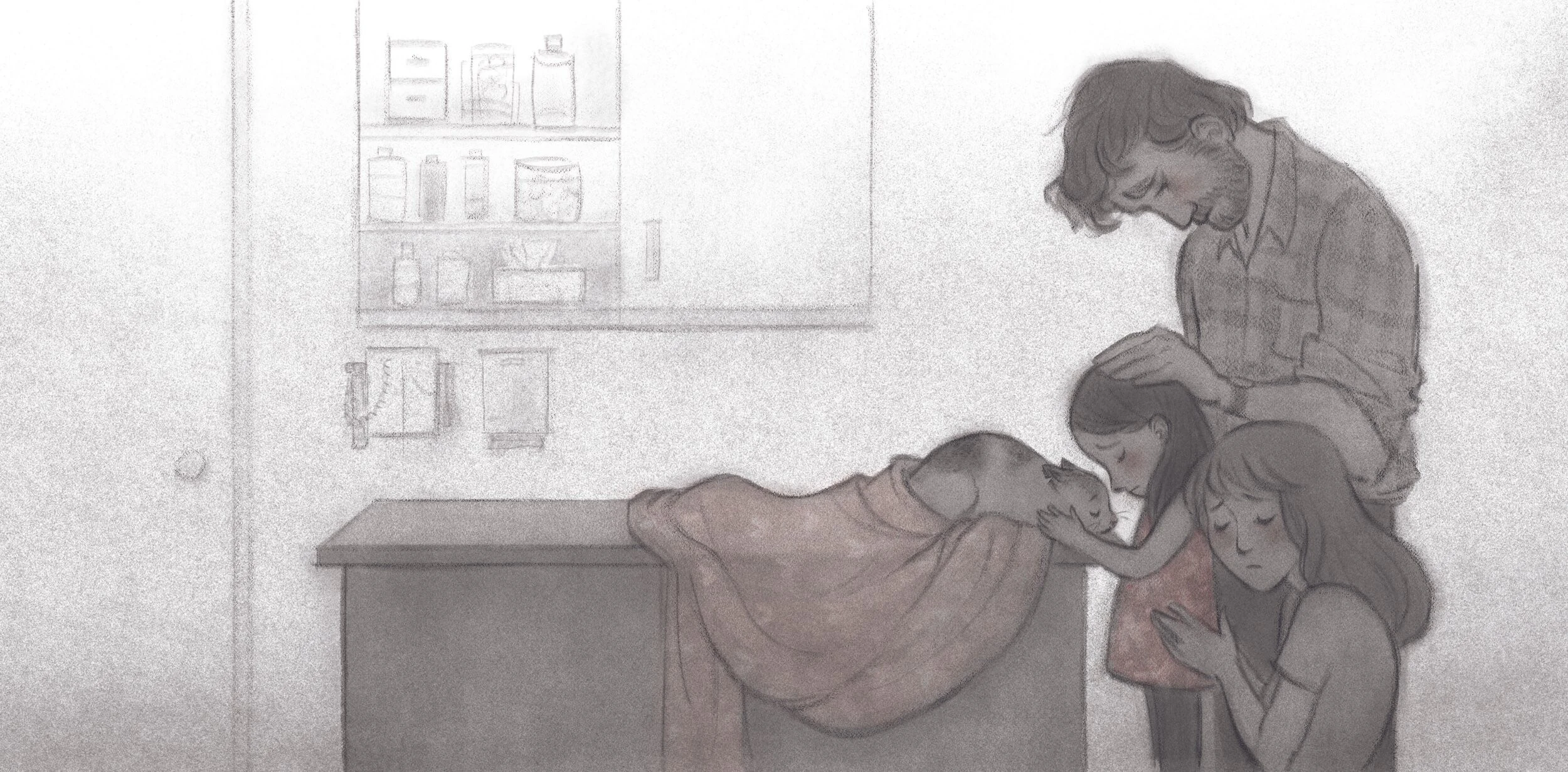 A family gathered solemnly around a dresser in a quiet, muted bathroom scene