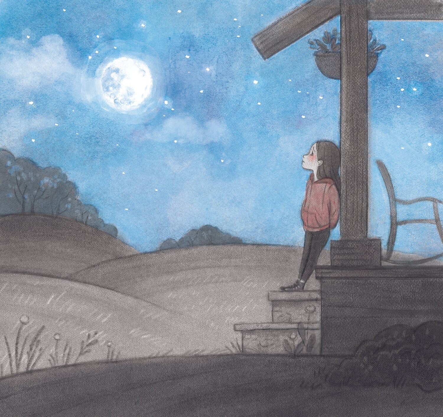 A girl standing on a porch at night, looking up at a full moon over the fields