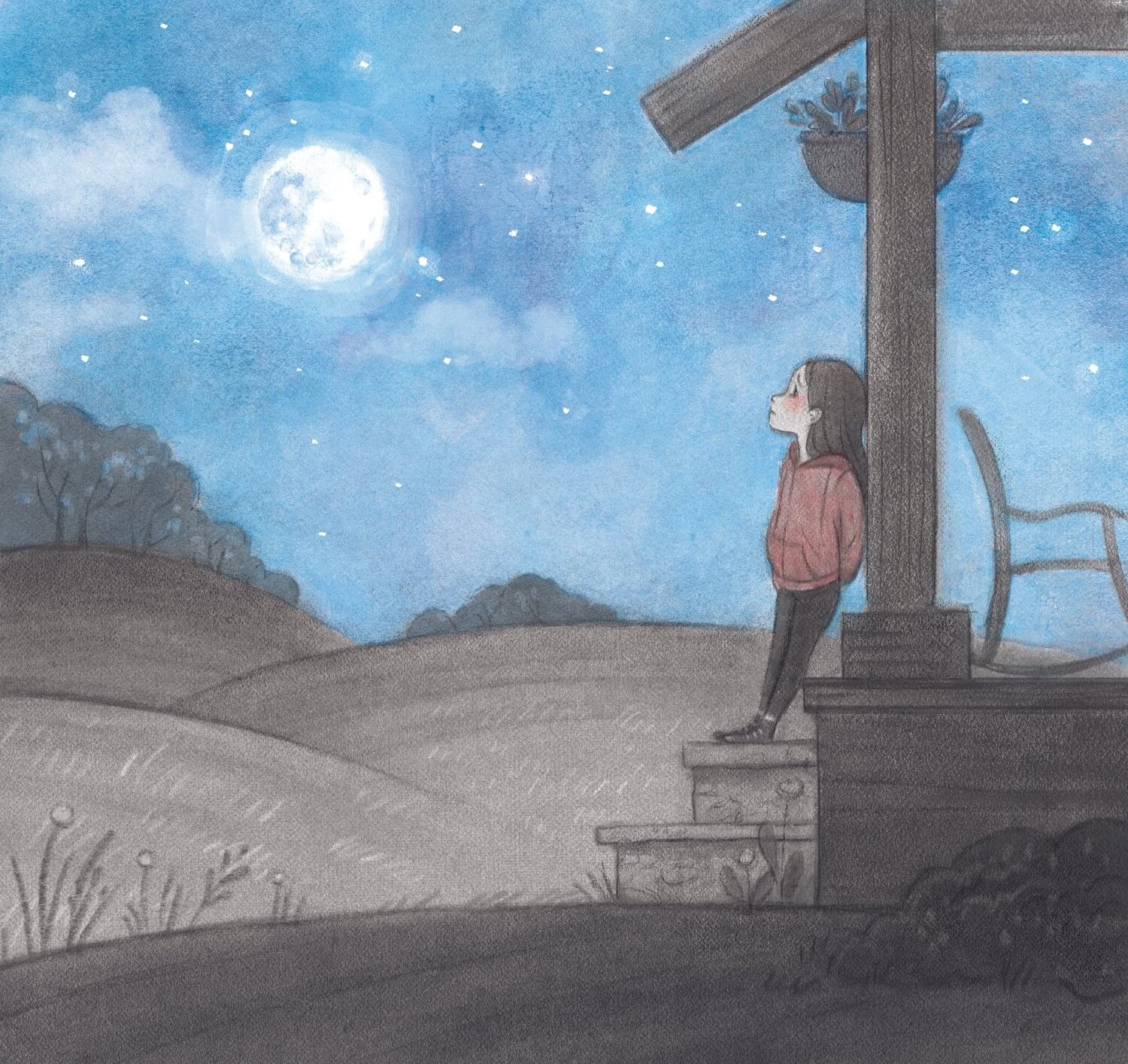 A girl standing on a porch at night, looking up at a full moon over the fields
