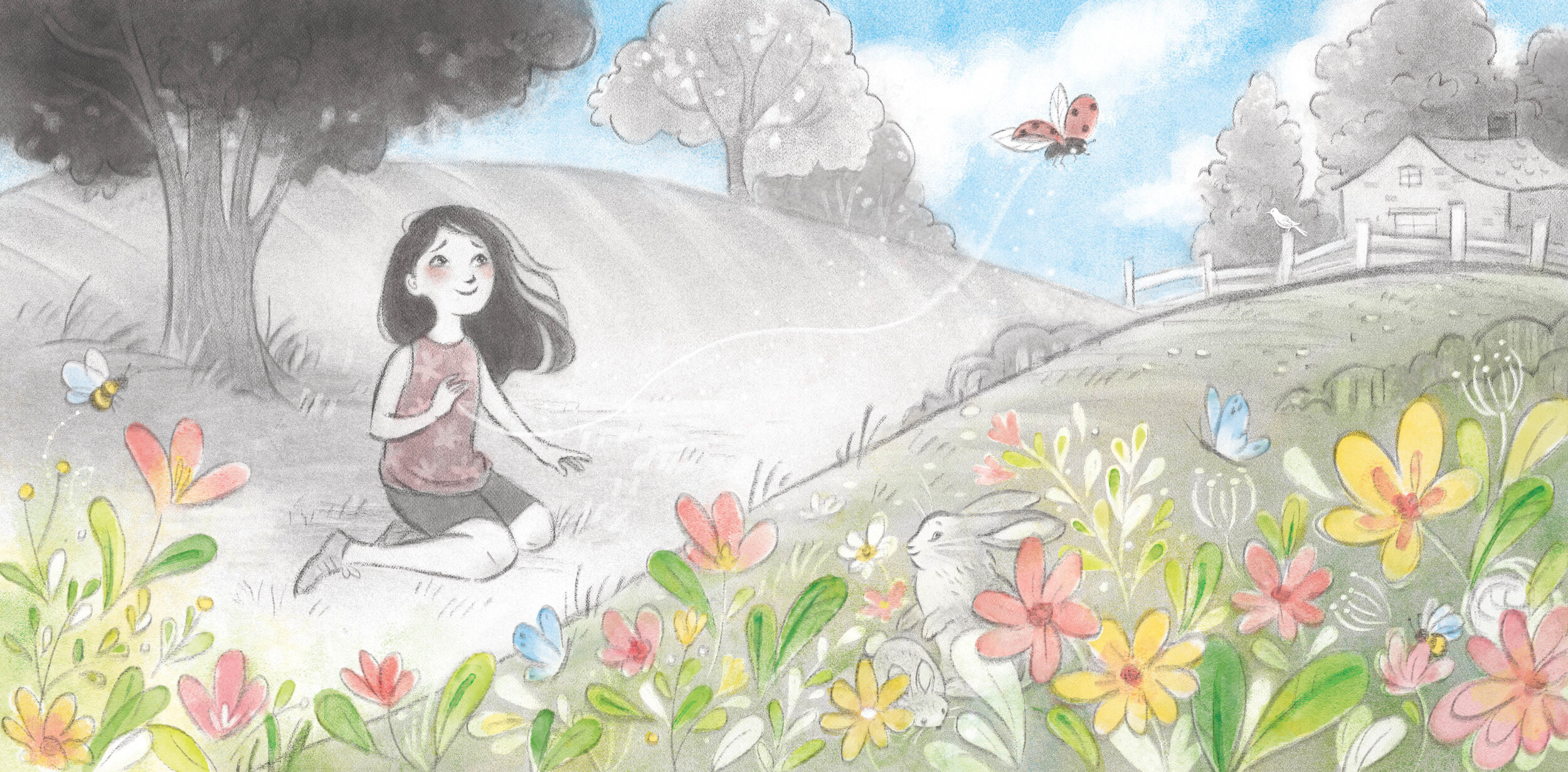 A girl sitting in a wildflower meadow with a rabbit, ladybug, and butterflies