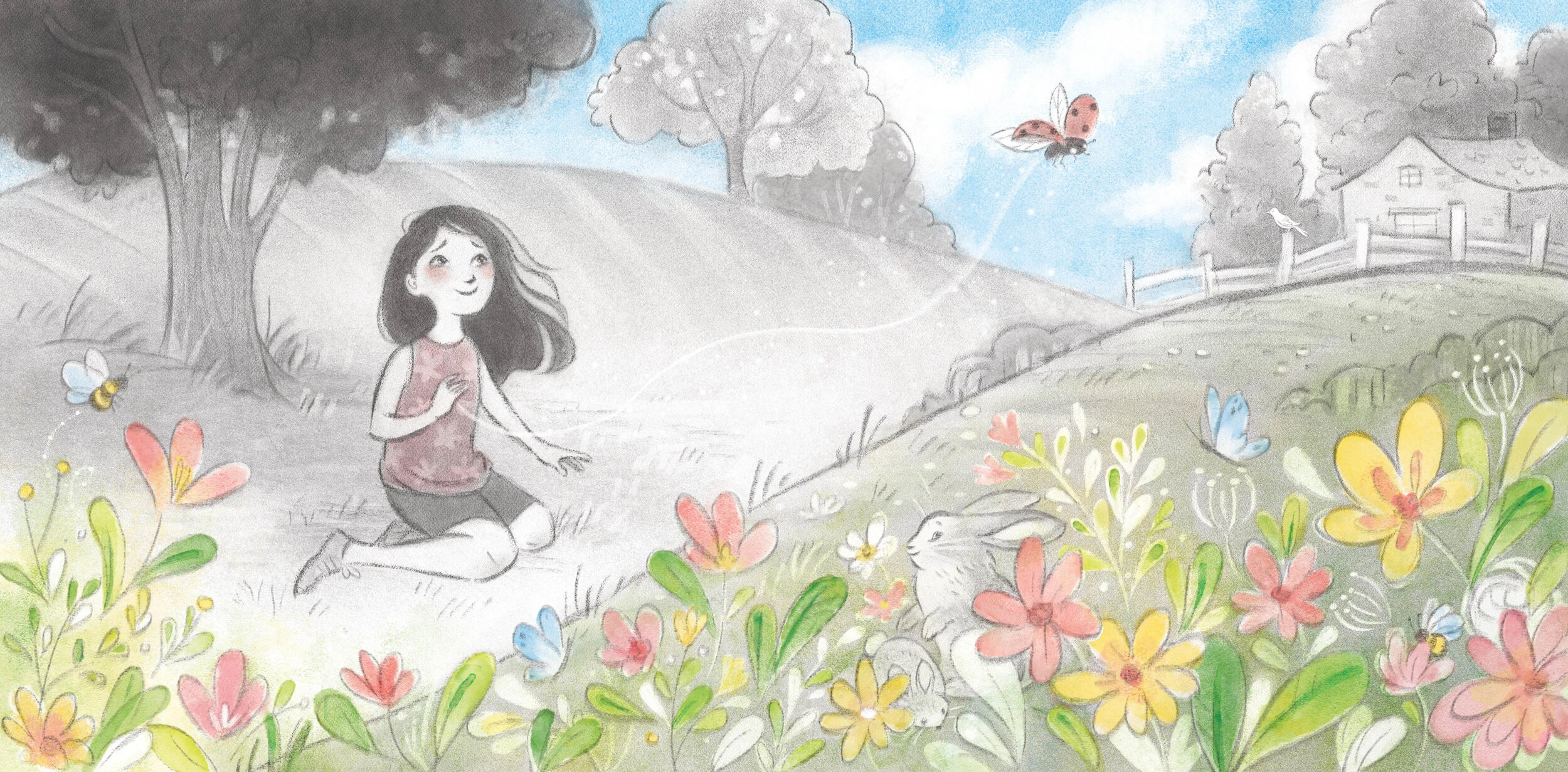 A girl sitting in a wildflower meadow with a rabbit, ladybug, and butterflies
