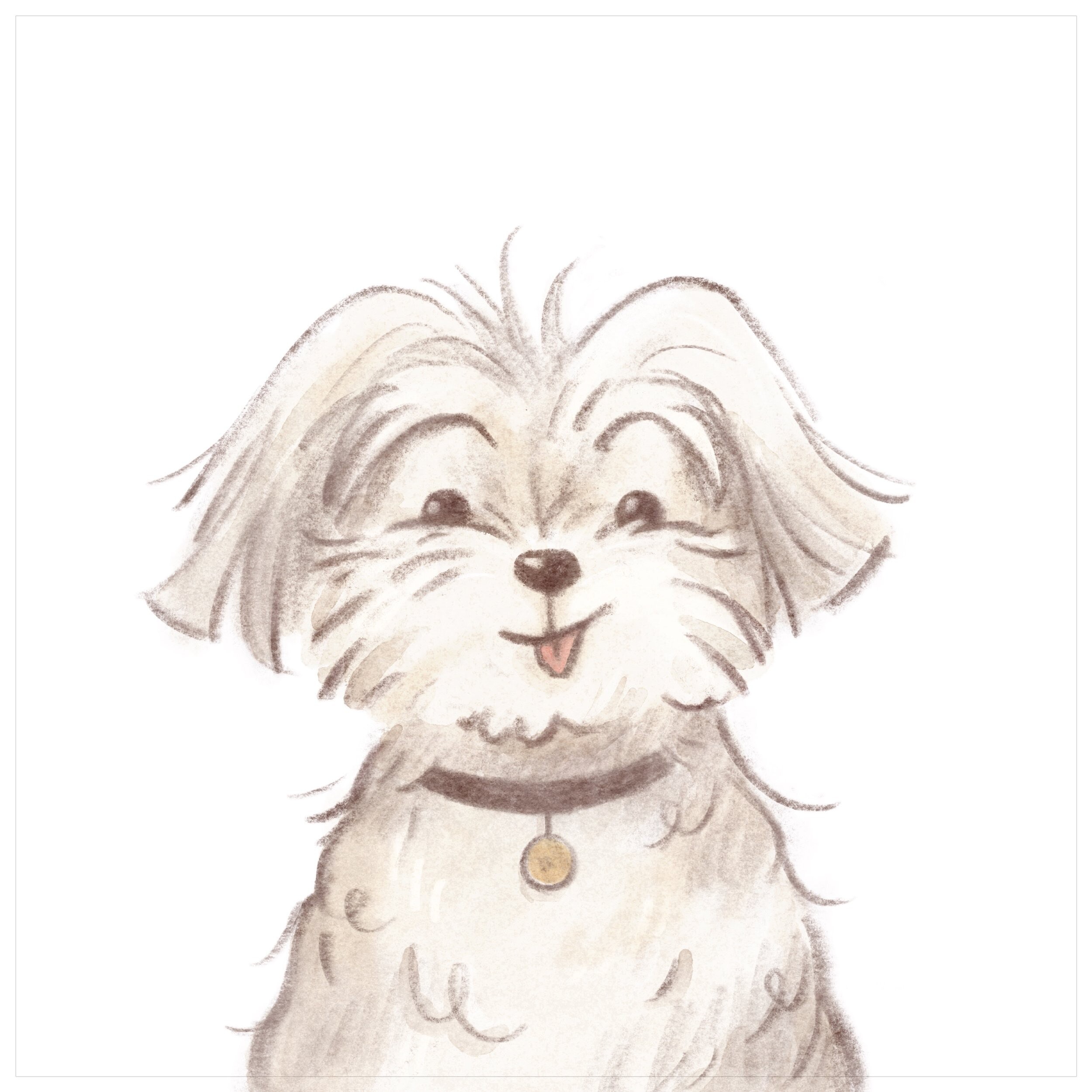 Close-up portrait of the fluffy white dog smiling with tongue out, wearing a collar