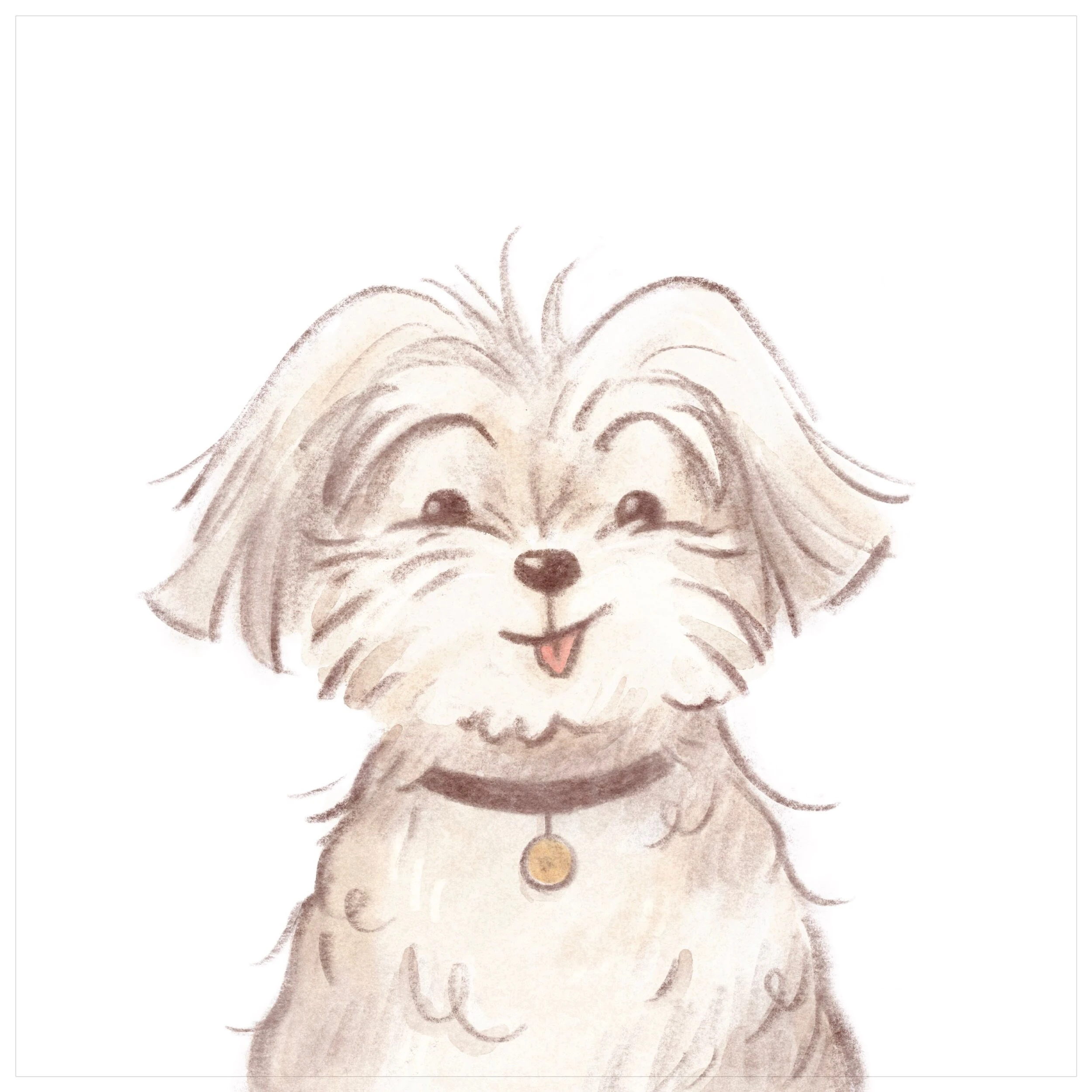 Close-up portrait of the fluffy white dog smiling with tongue out, wearing a collar