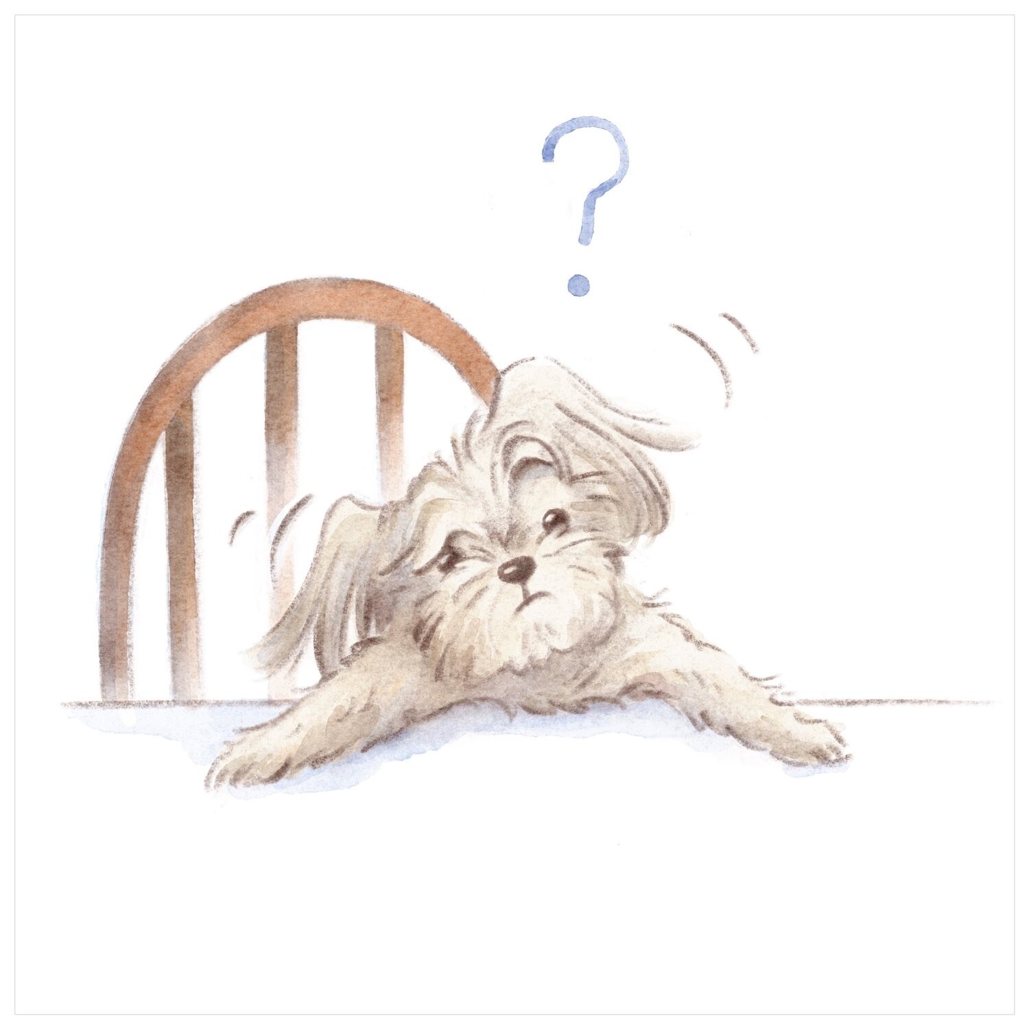 Puzzled dog lying by a chair with a question mark overhead