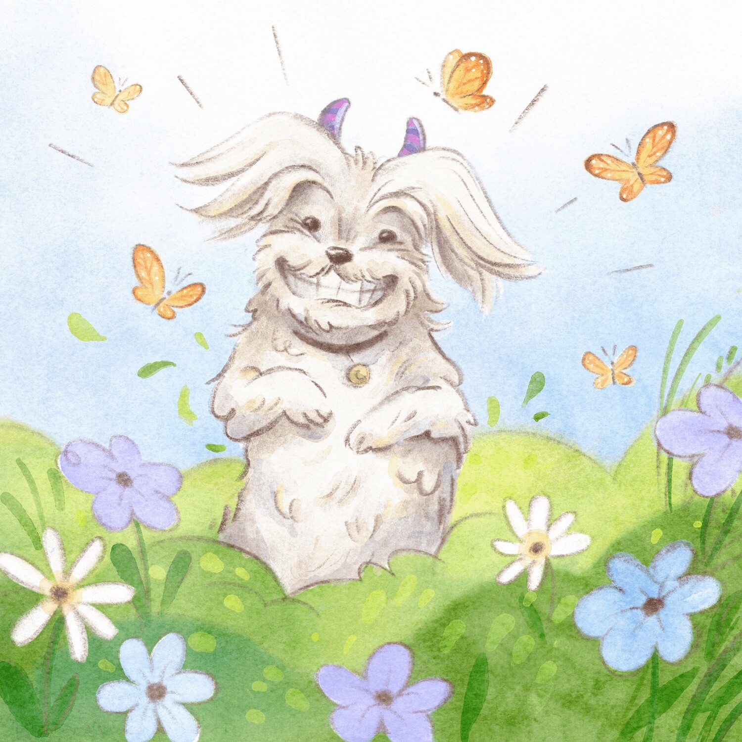 Dog with bunny-ear headband grinning in a meadow surrounded by butterflies