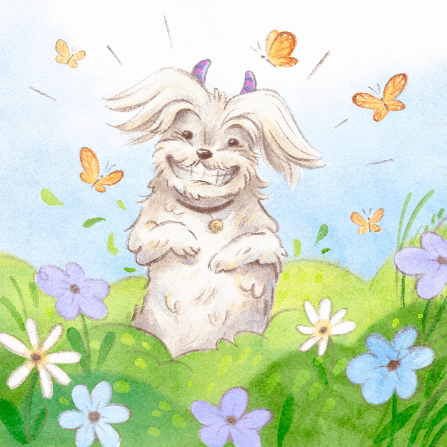 Dog with bunny-ear headband grinning in a meadow surrounded by butterflies