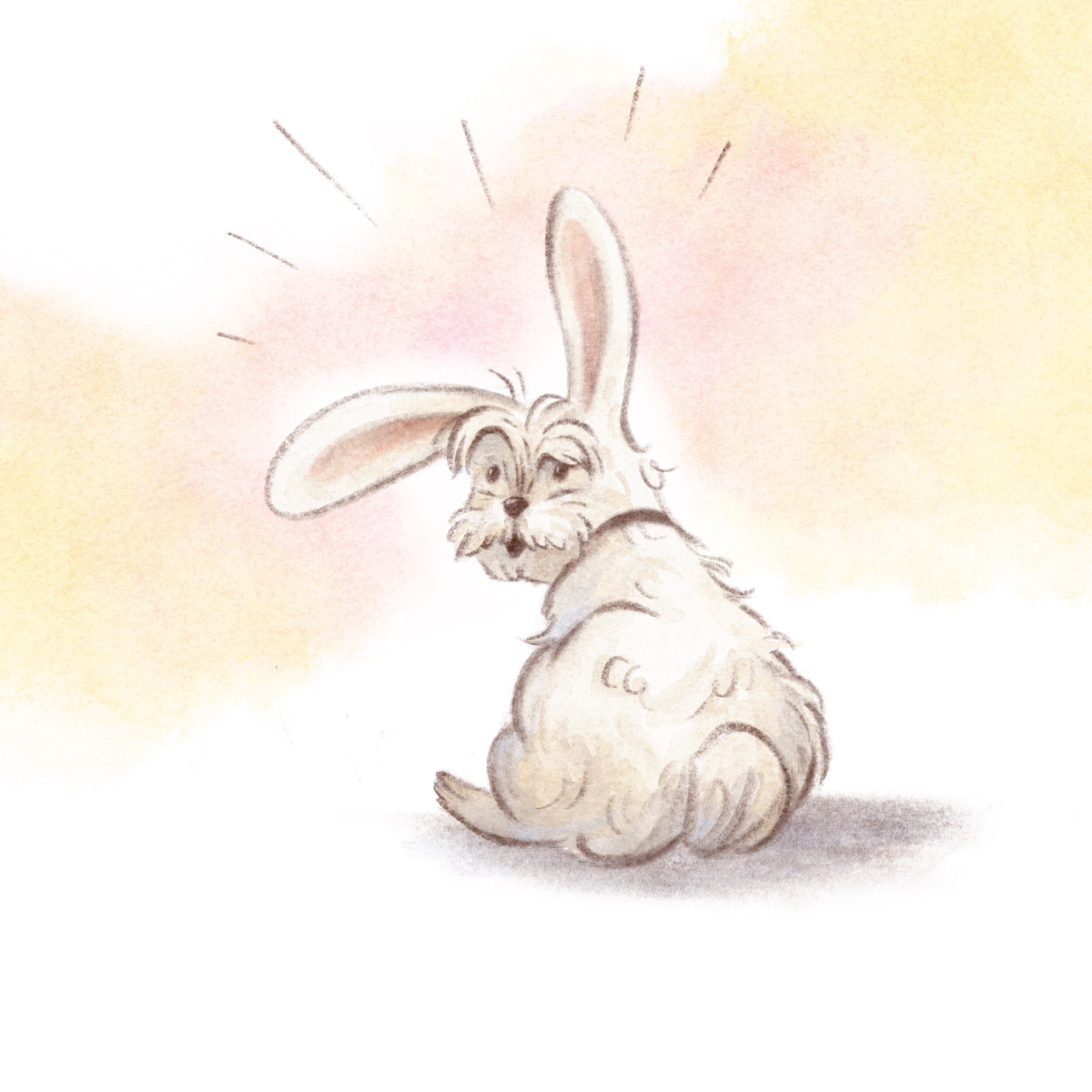 Dog with bunny ears sitting and looking back over its shoulder