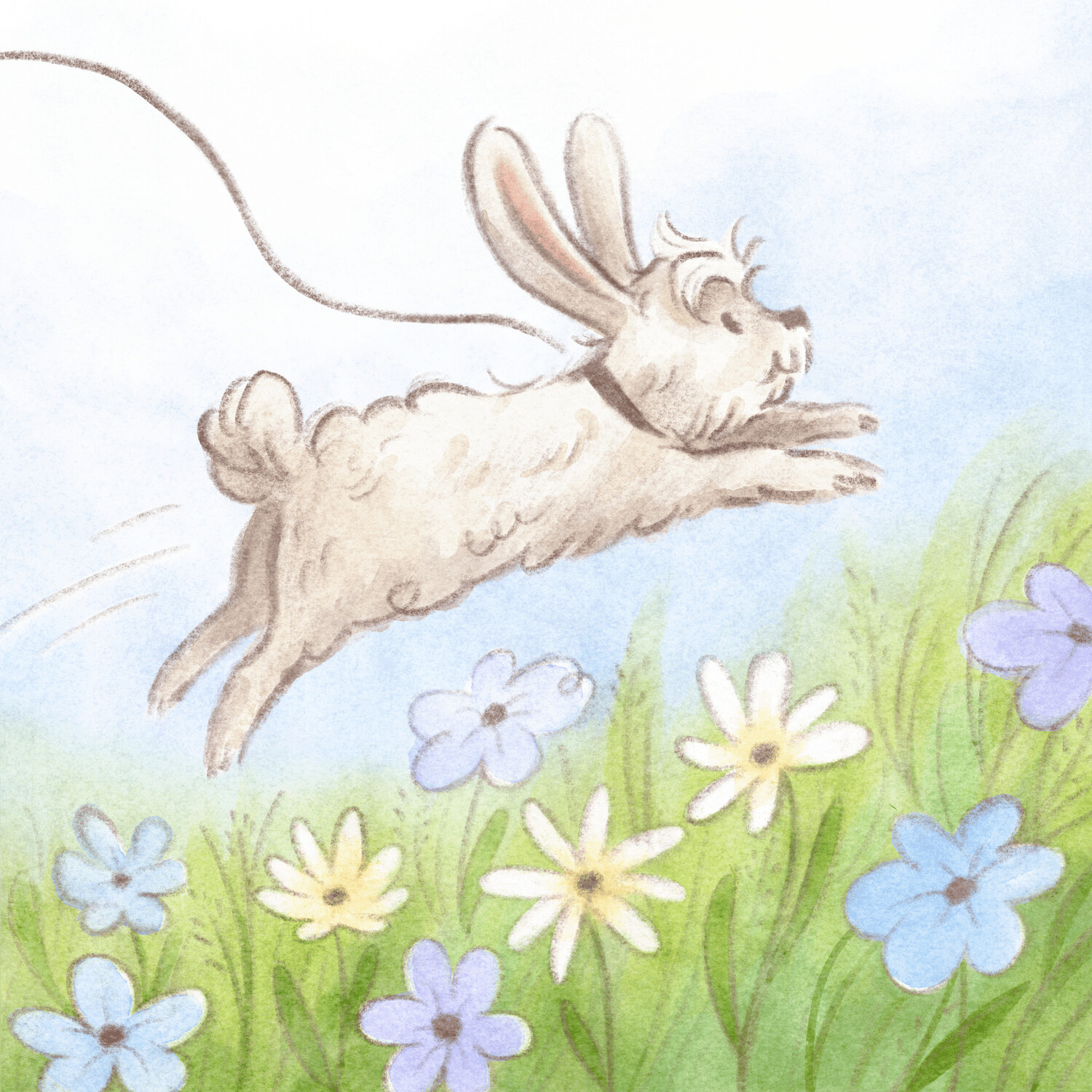 Dog with bunny ears leaping through a flowering meadow, leash trailing behind