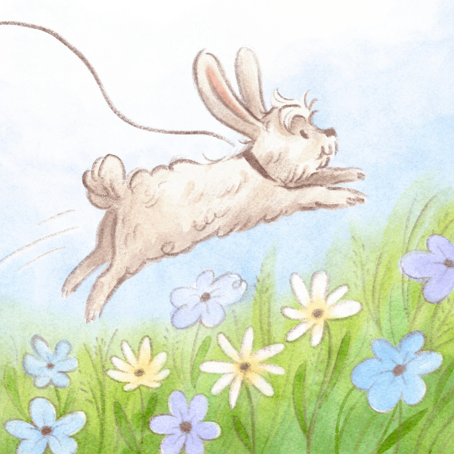 Dog with bunny ears leaping through a flowering meadow, leash trailing behind