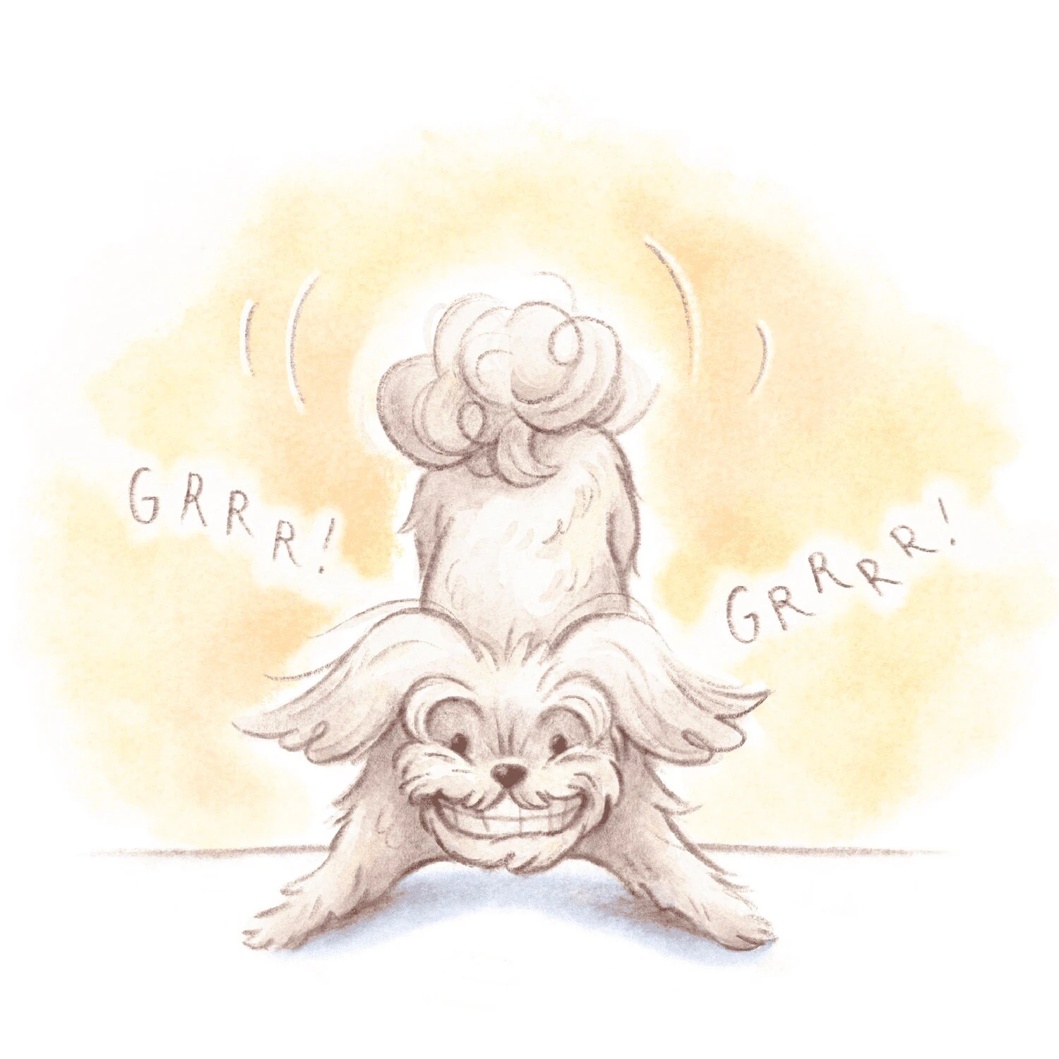 Dog doing a handstand upside down, growling GRRR