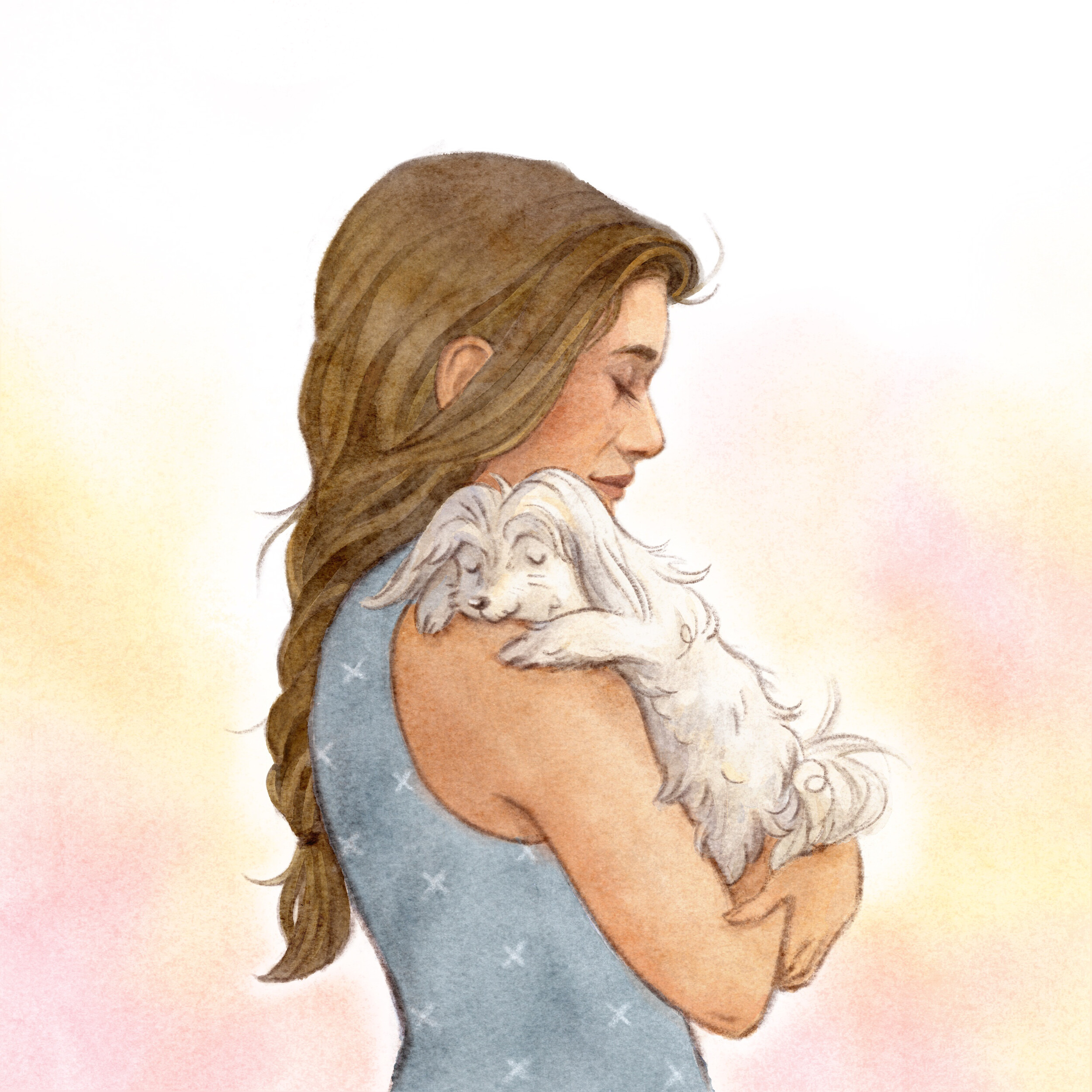 Woman with a braid carrying the sleeping dog on her shoulder