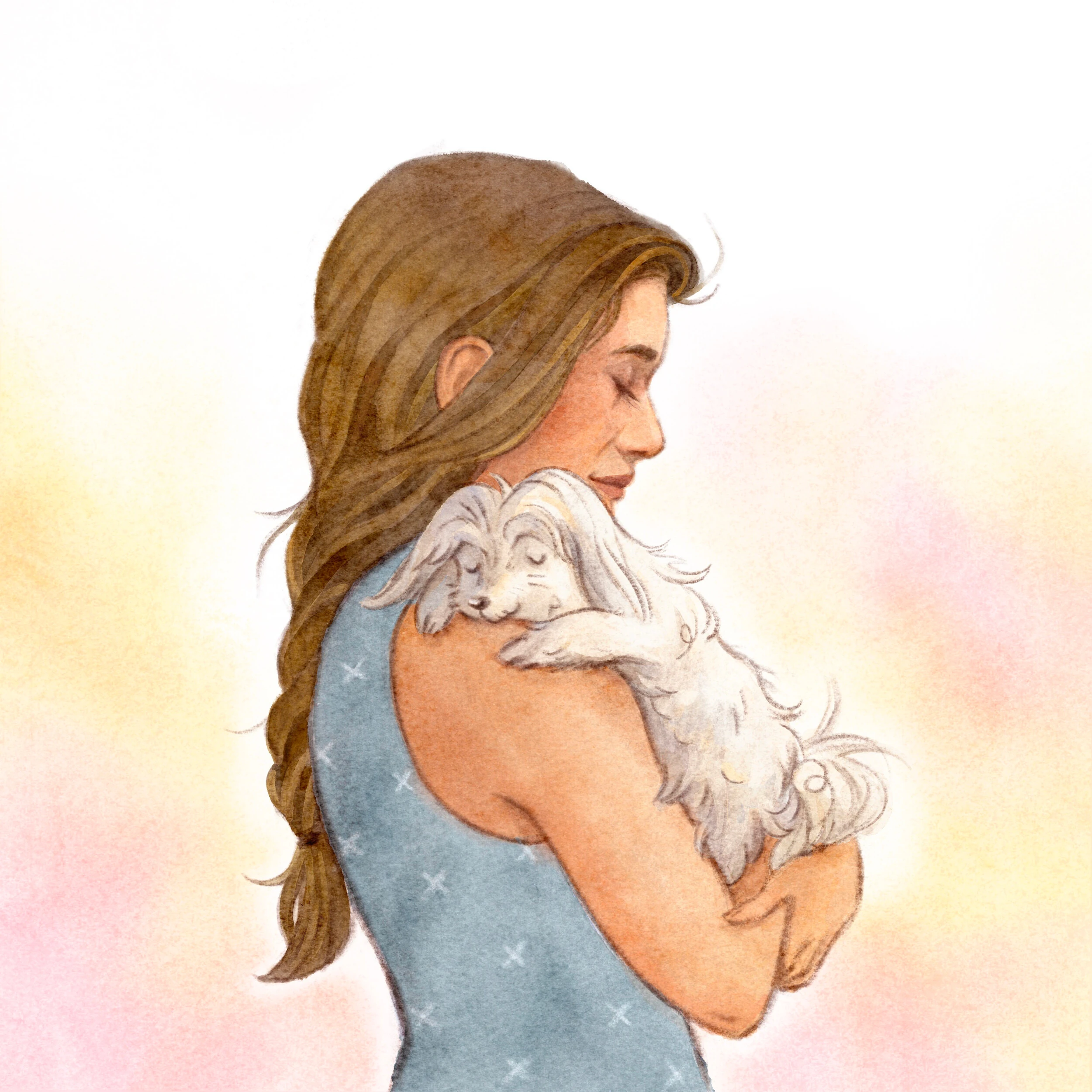 Woman with a braid carrying the sleeping dog on her shoulder