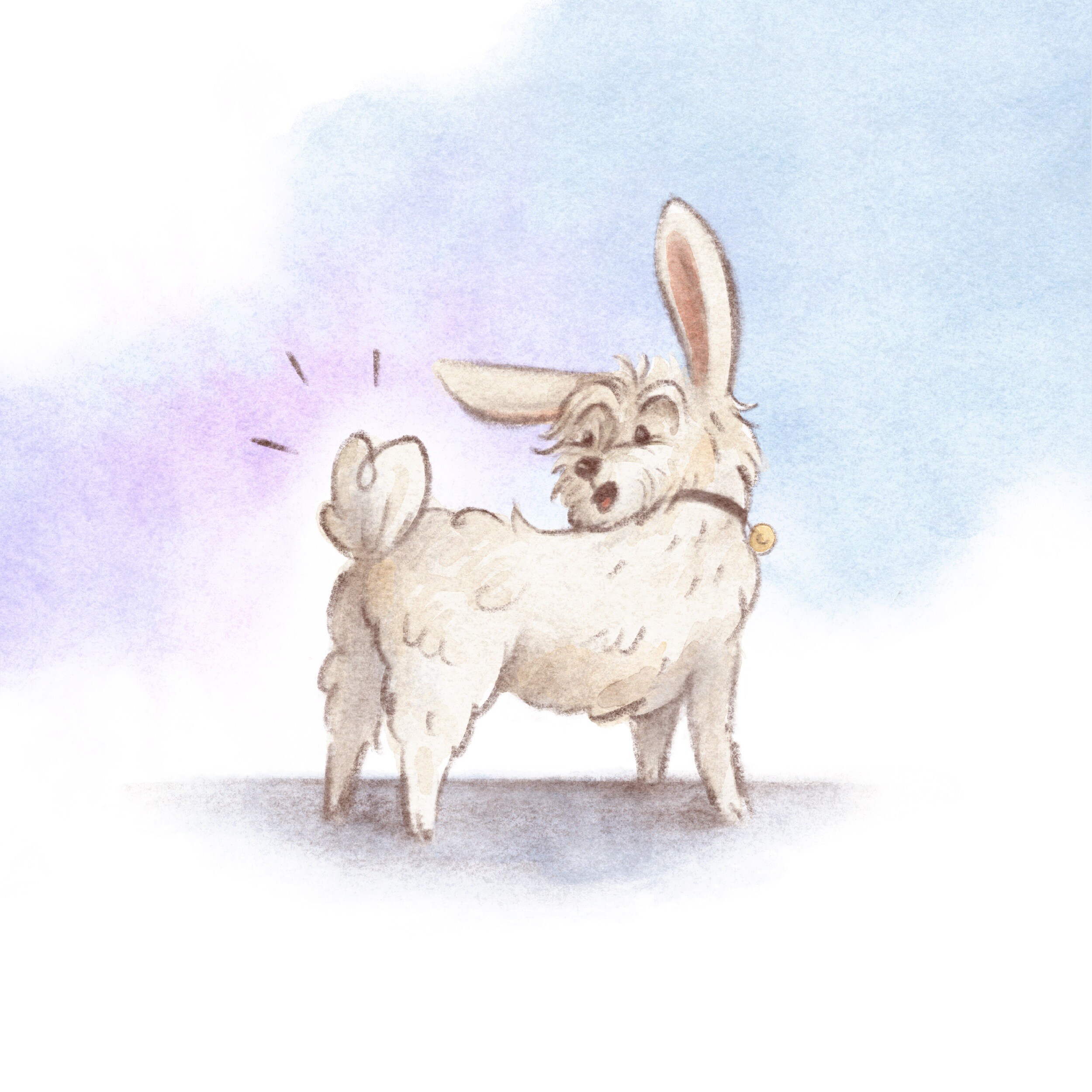 Dog with bunny ears standing and looking back, startled