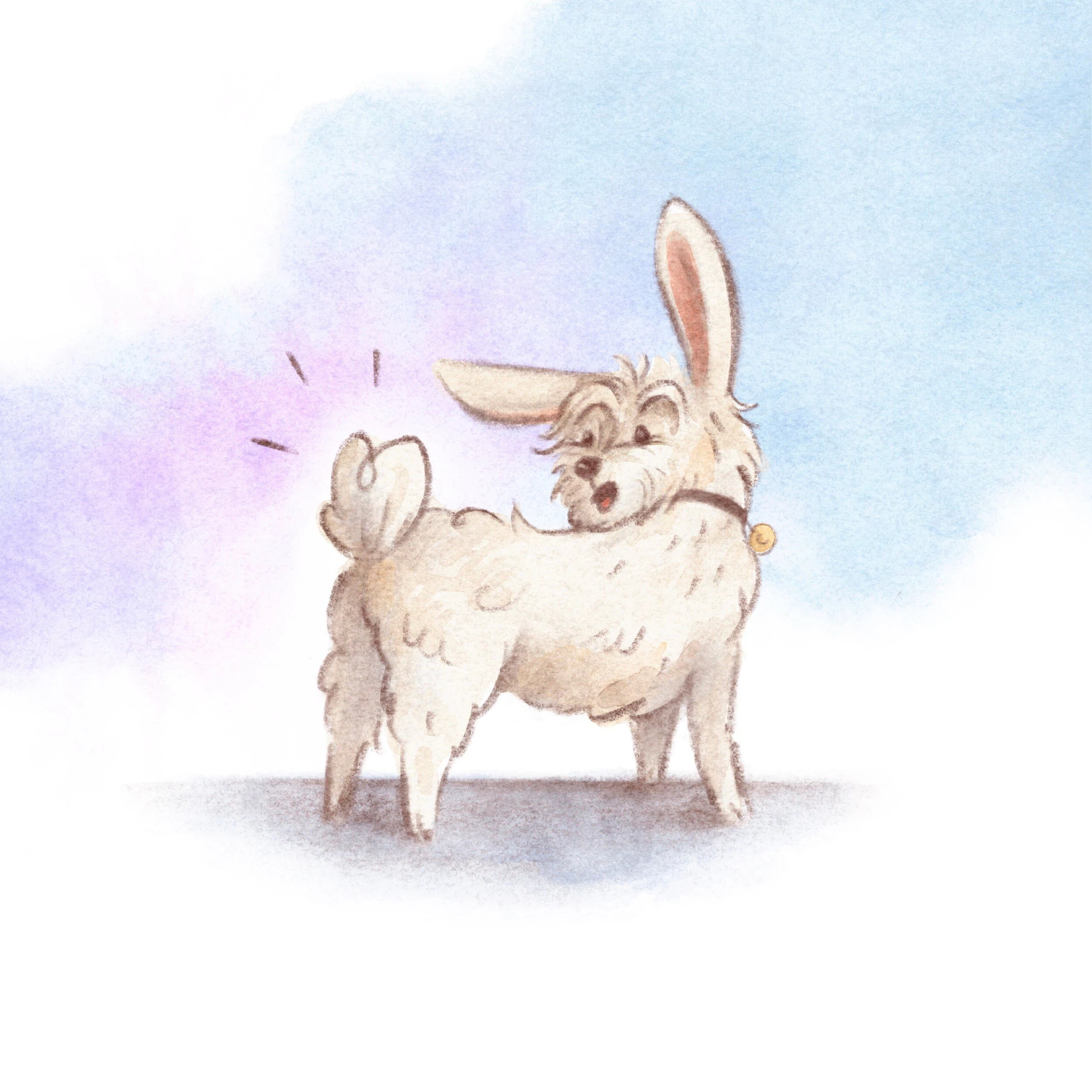 Dog with bunny ears standing and looking back, startled