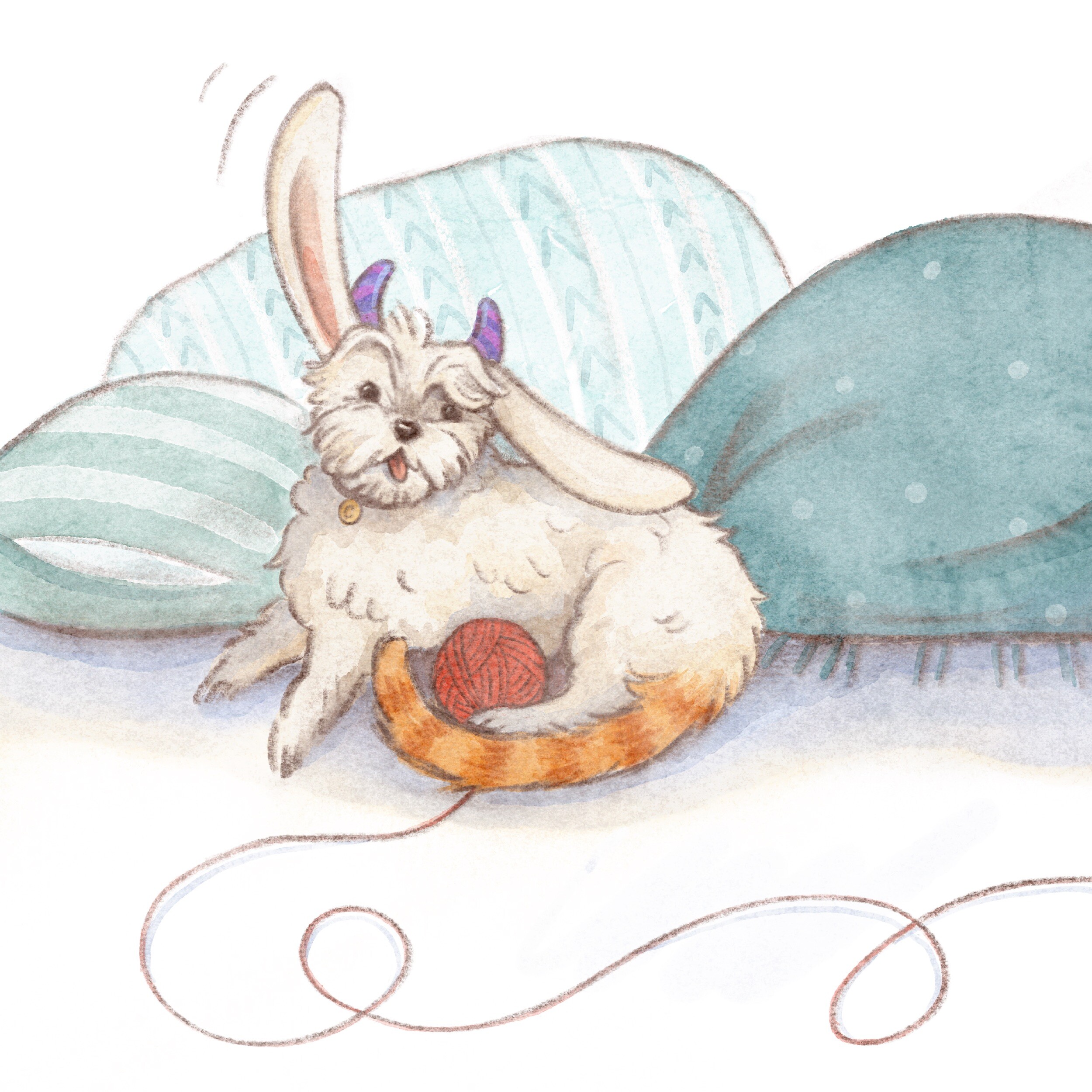 Dog with bunny ears lying on pillows playing with a red yarn ball