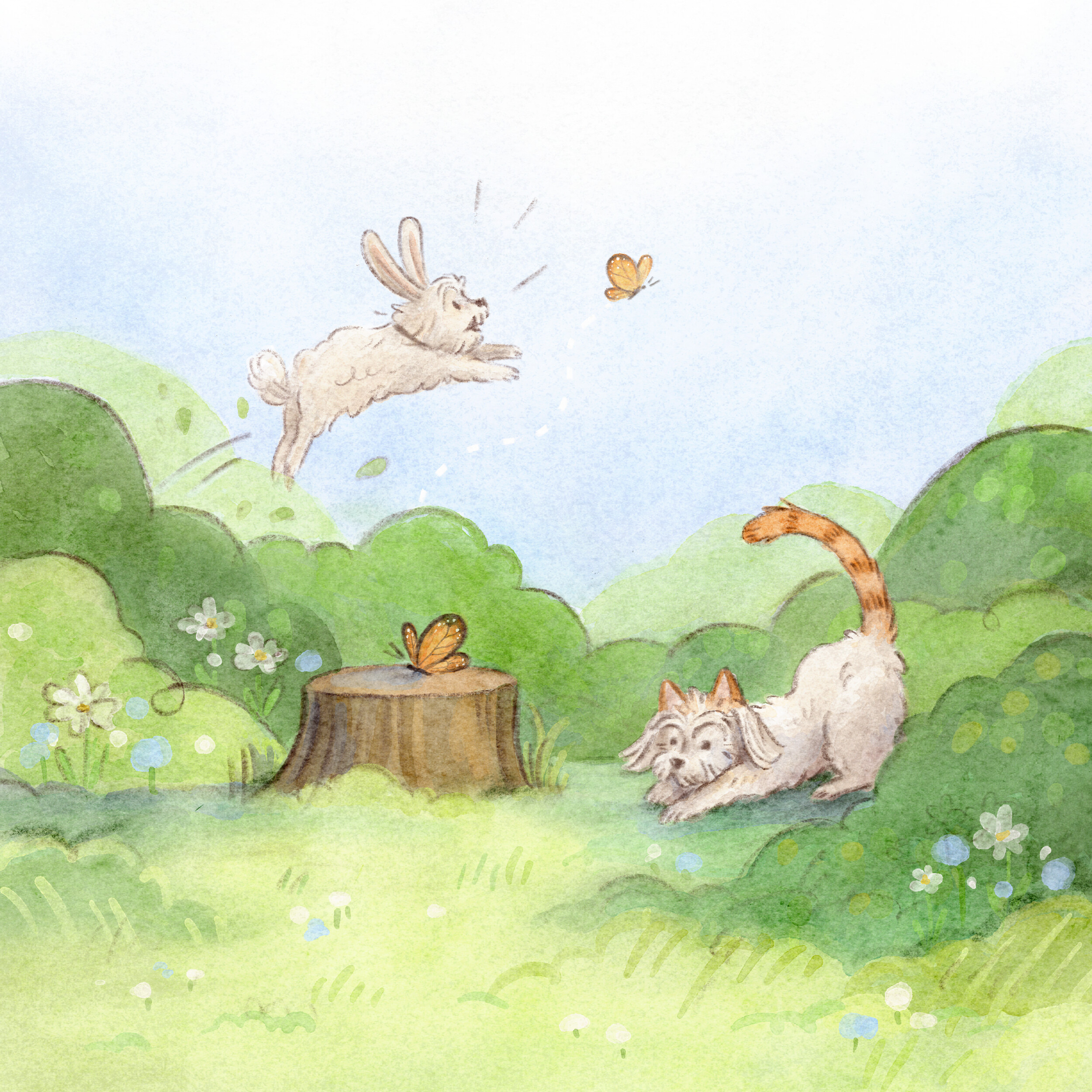 Dog with bunny ears leaping after a butterfly while a cat crouches to pounce near a tree stump