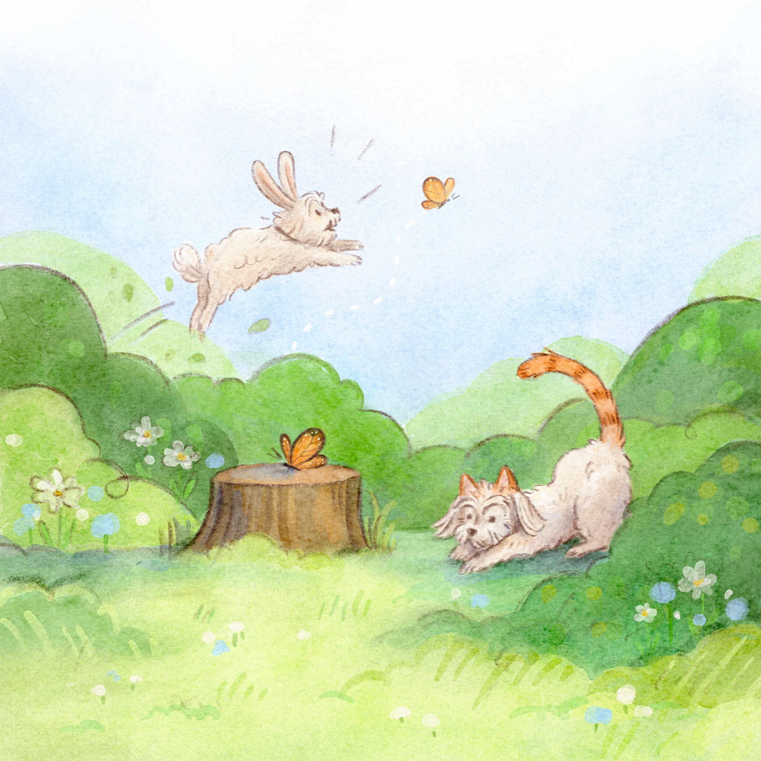 Dog with bunny ears leaping after a butterfly while a cat crouches to pounce near a tree stump