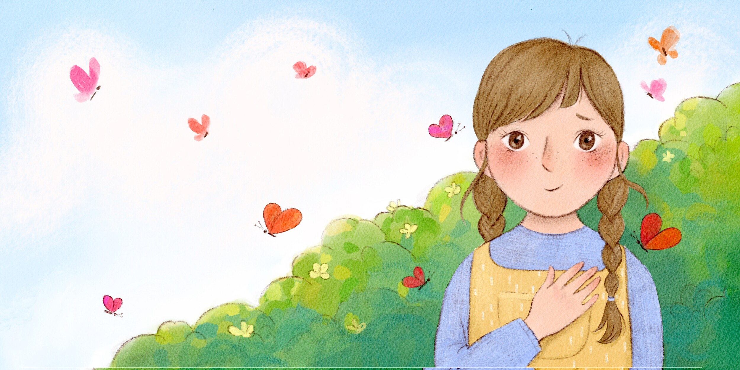 Girl with braids surrounded by heart-shaped butterflies