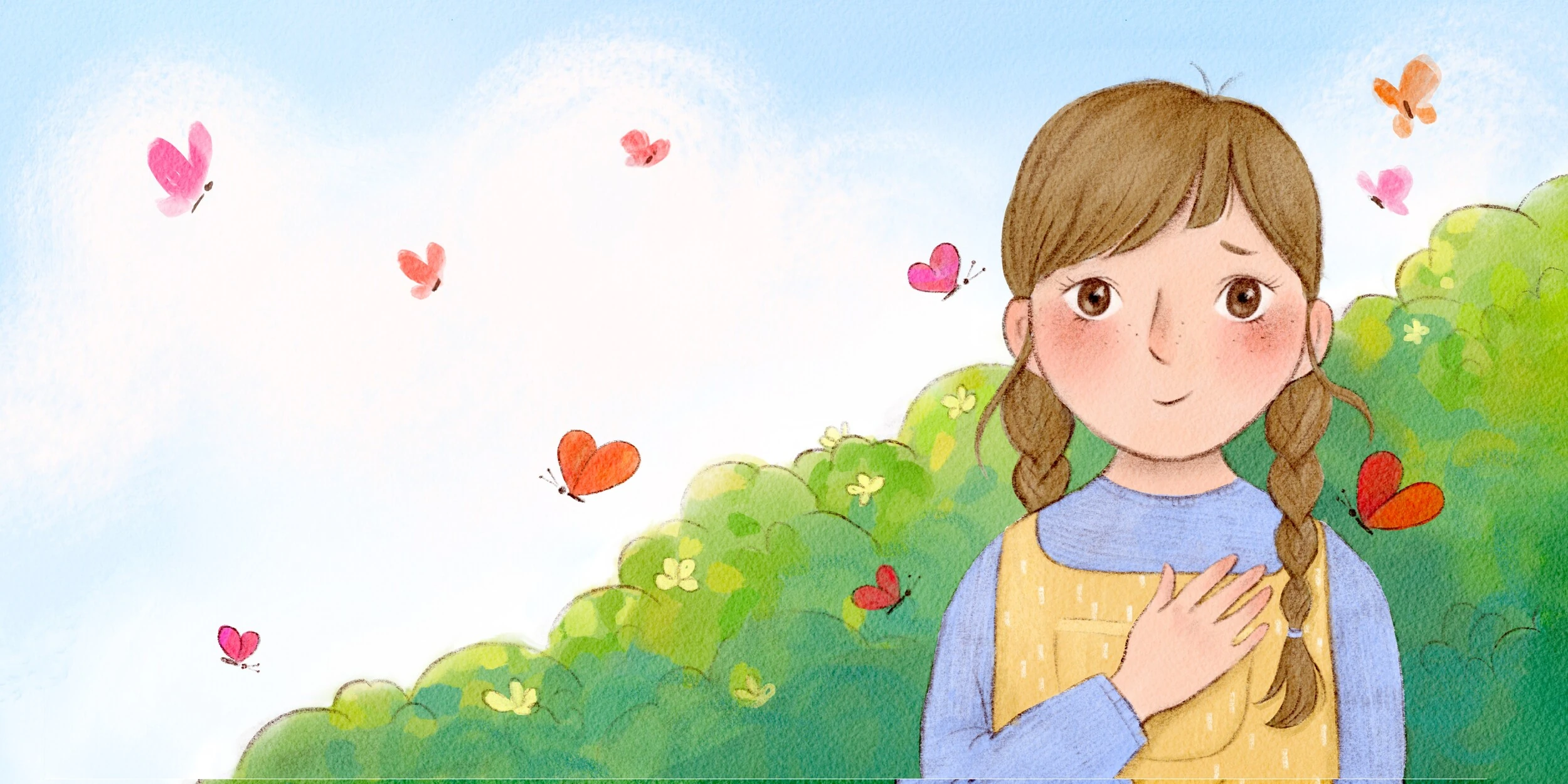 Girl with braids surrounded by heart-shaped butterflies