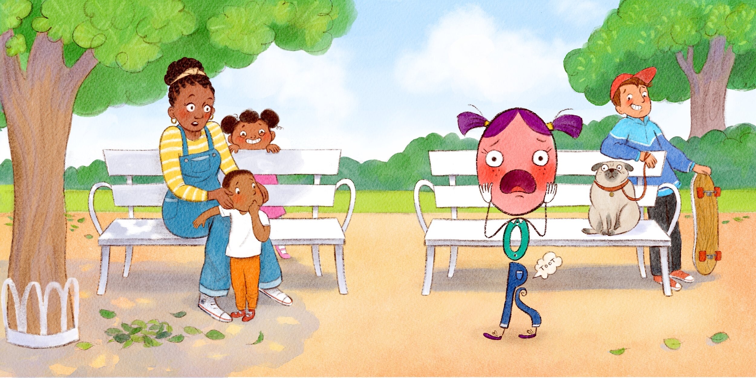 A mother comforts a child on a park bench as an egg-shaped 'Oops' character walks by