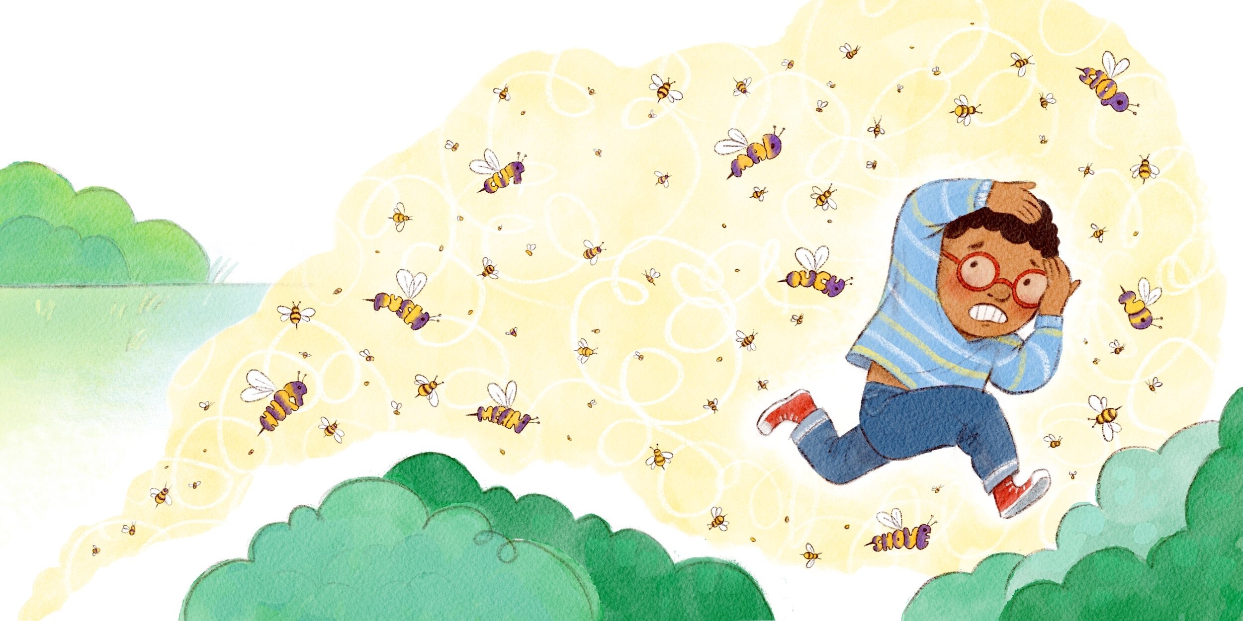 Boy running from a swarm of bees spelling unkind words