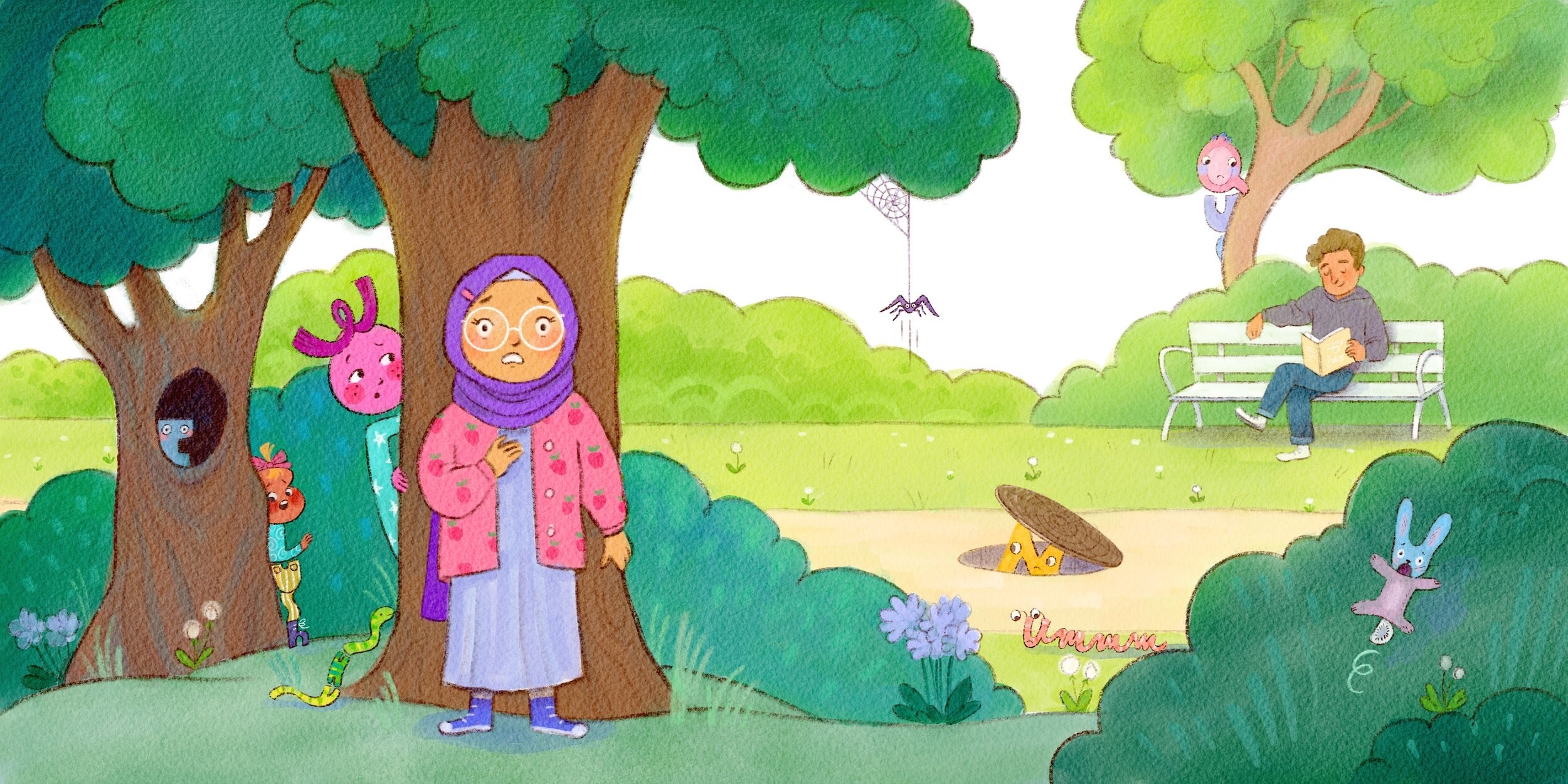 Girl in a hijab standing by a tree in a park full of hidden creatures