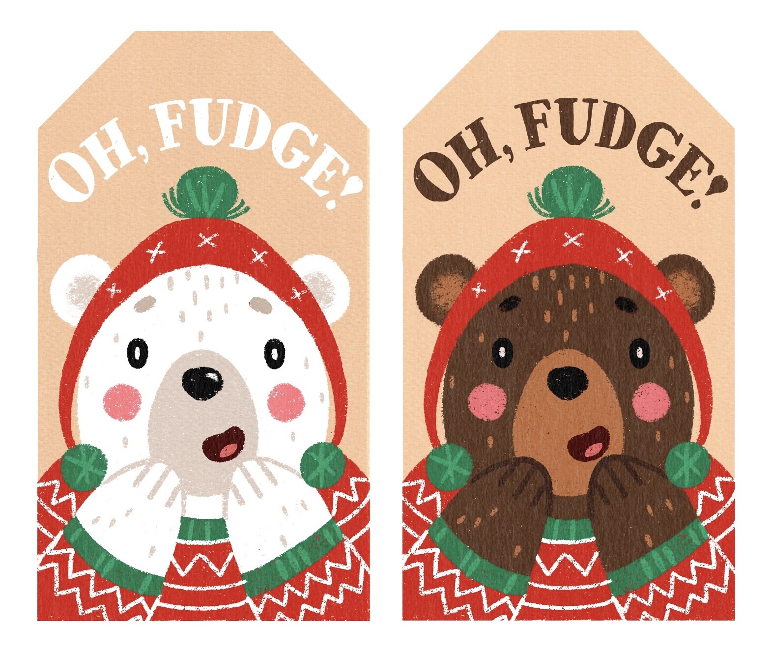 Oh Fudge gift tag illustration with a polar bear and a brown bear in winter hats