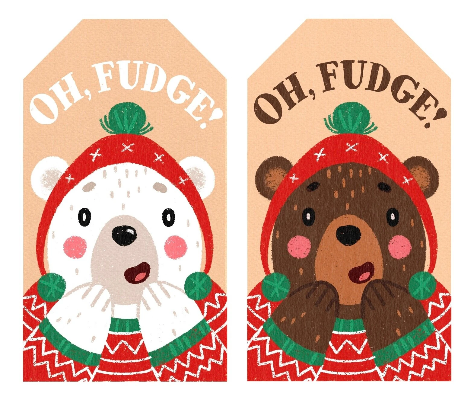 Oh Fudge gift tag illustration with a polar bear and a brown bear in winter hats