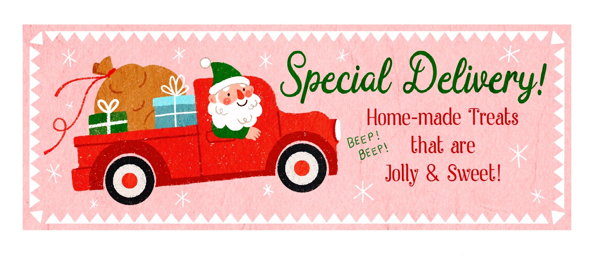 Special Delivery! banner with Santa driving a red truck full of gifts