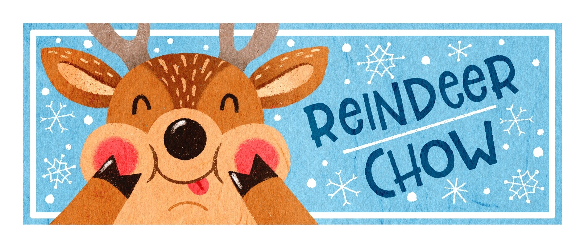 Reindeer Chow banner with a close-up reindeer face