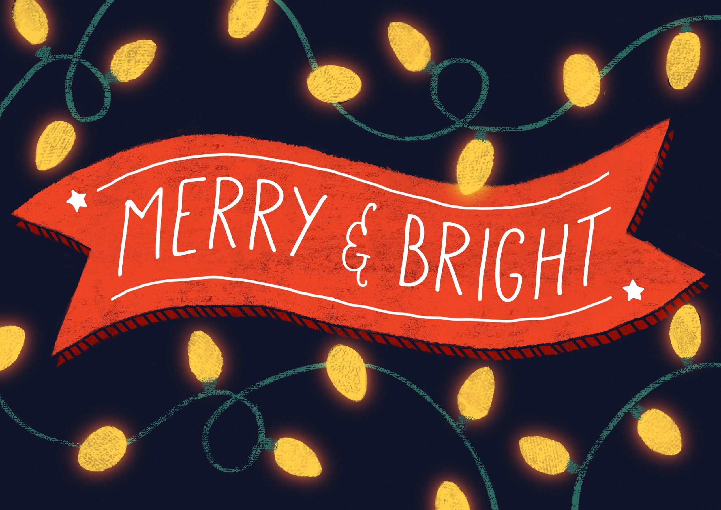 Merry and Bright banner with a red ribbon and glowing string lights