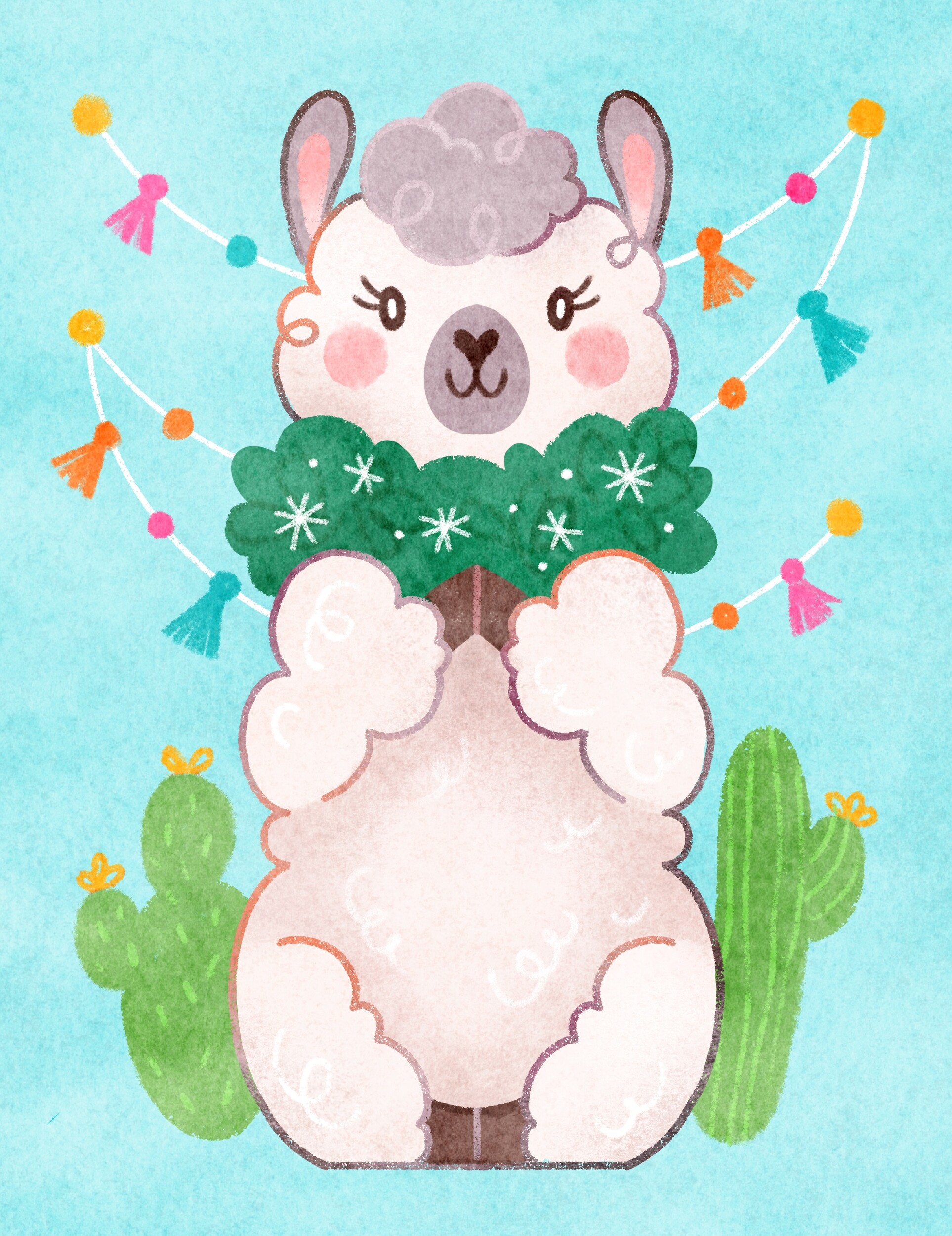 Illustration of a fluffy llama wearing a holiday garland between two cacti