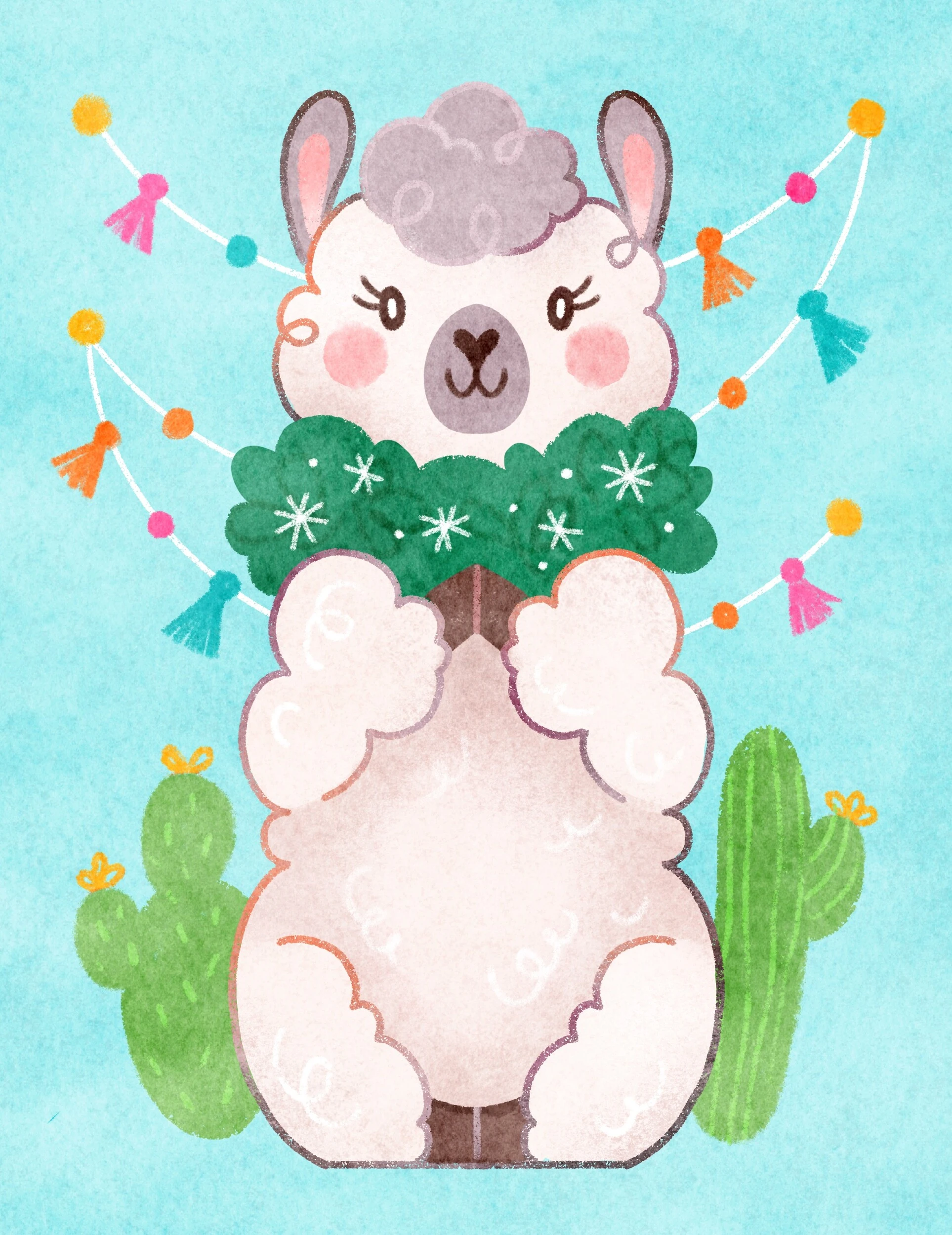 Illustration of a fluffy llama wearing a holiday garland between two cacti