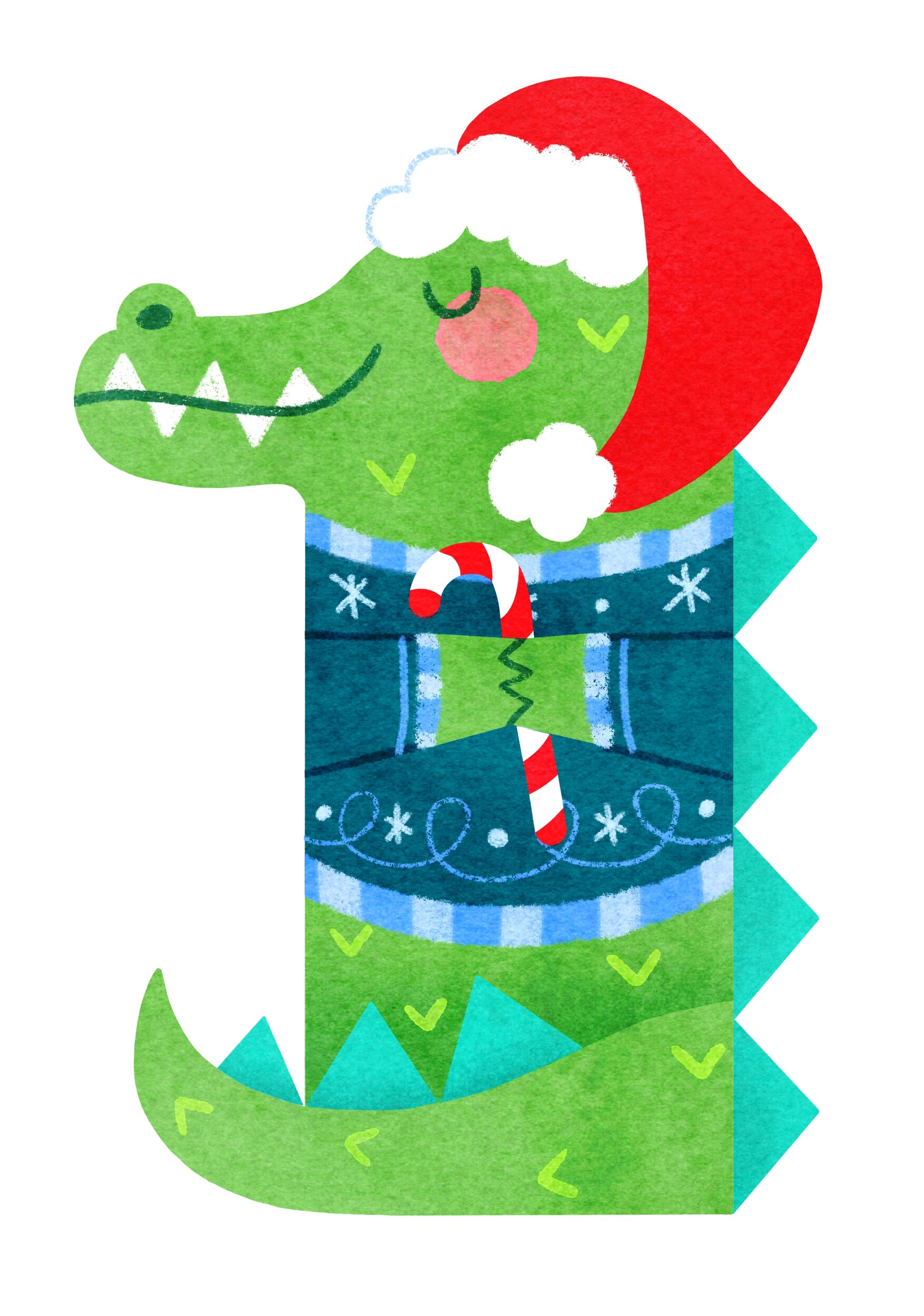 Illustration of an alligator wearing a Santa hat and holiday sweater with a candy cane