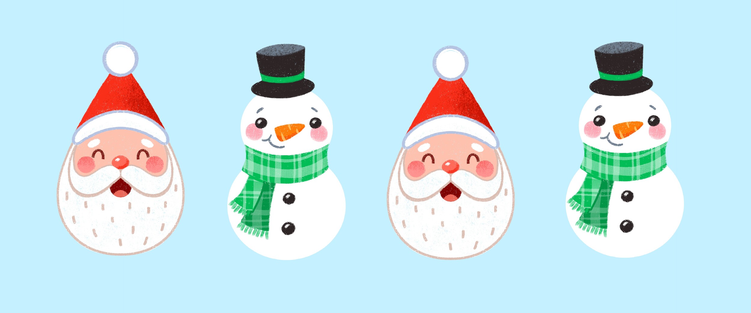Row of four holiday character faces: Santa, snowman, Santa, and snowman
