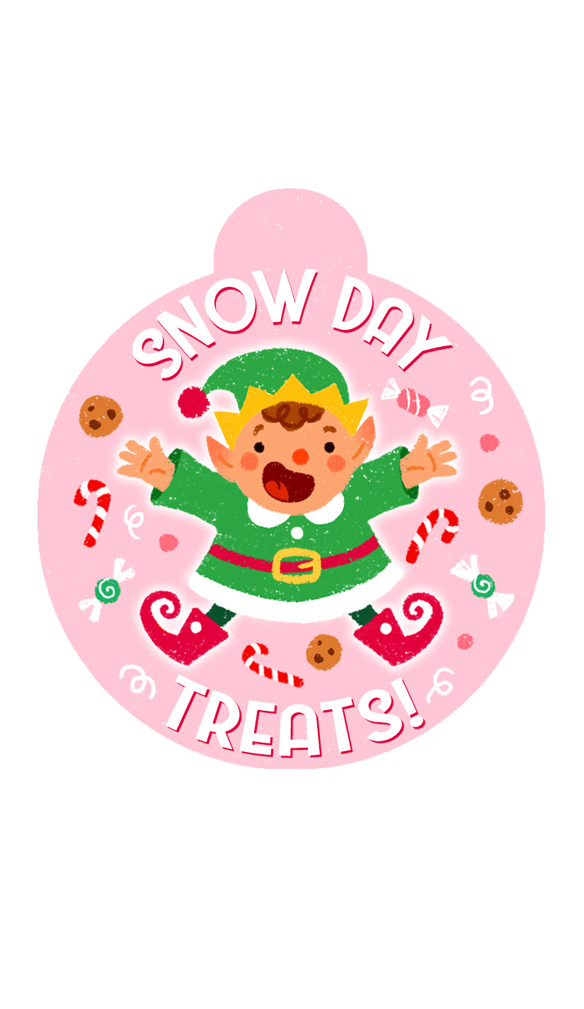 Snow Day Treats ornament tag illustration with an elf surrounded by candy and cookies