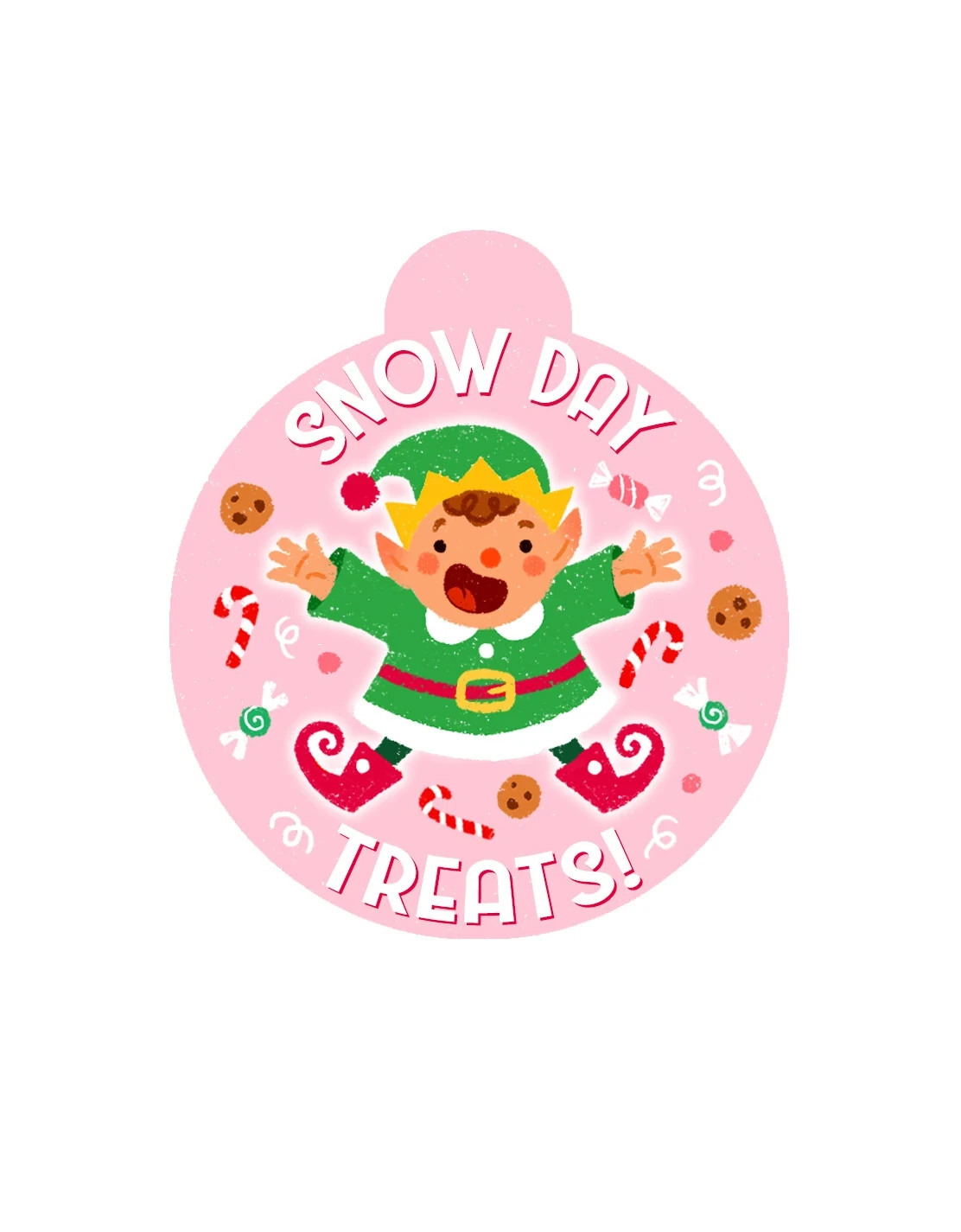 Snow Day Treats ornament tag illustration with an elf surrounded by candy and cookies