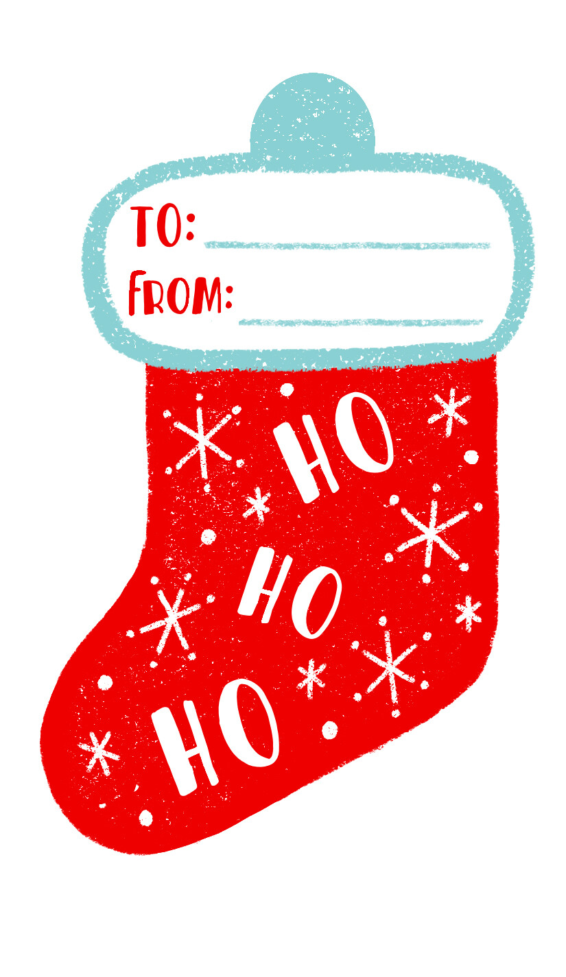 Ho Ho Ho gift tag illustration shaped like a red stocking with a To and From label