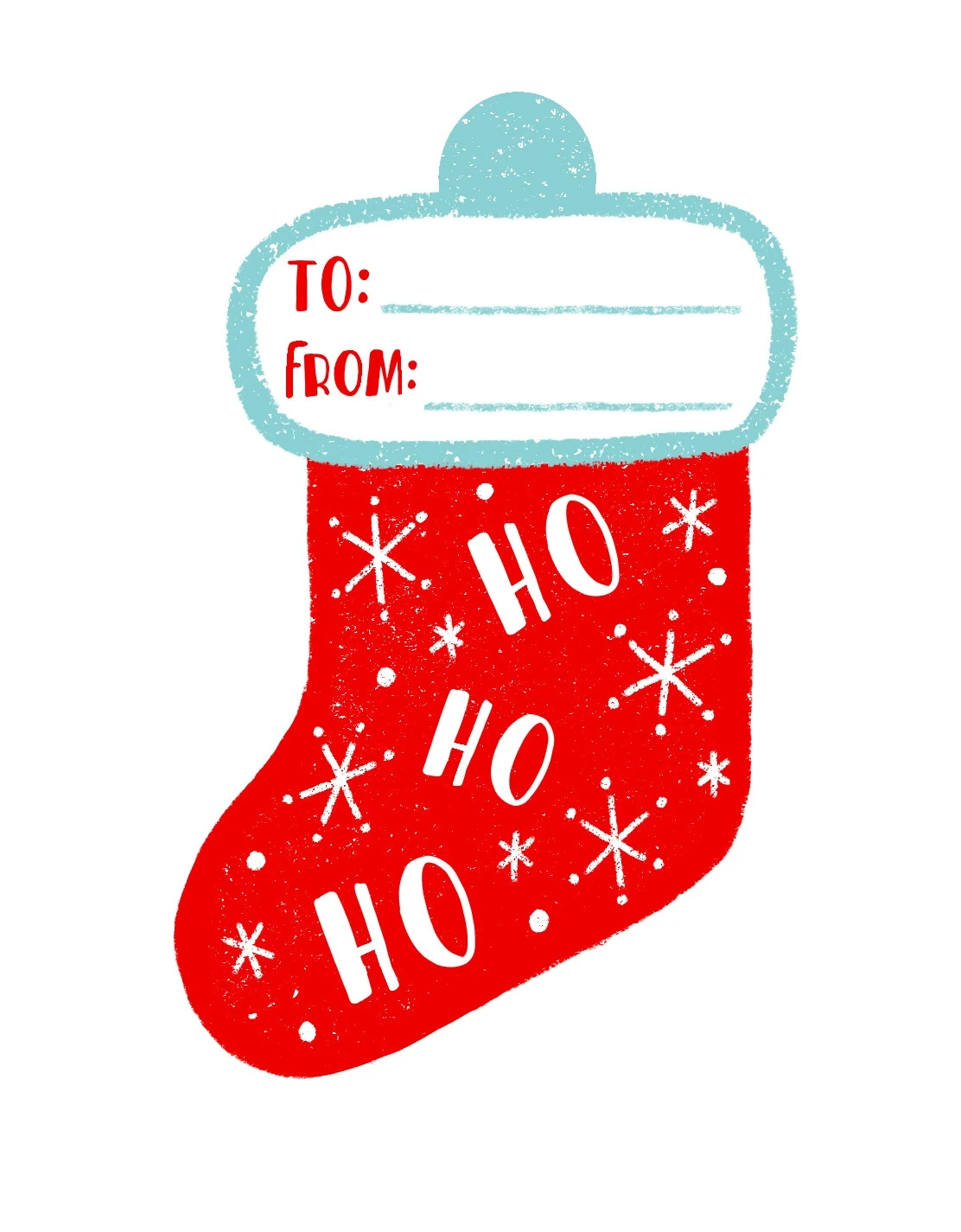 Ho Ho Ho gift tag illustration shaped like a red stocking with a To and From label