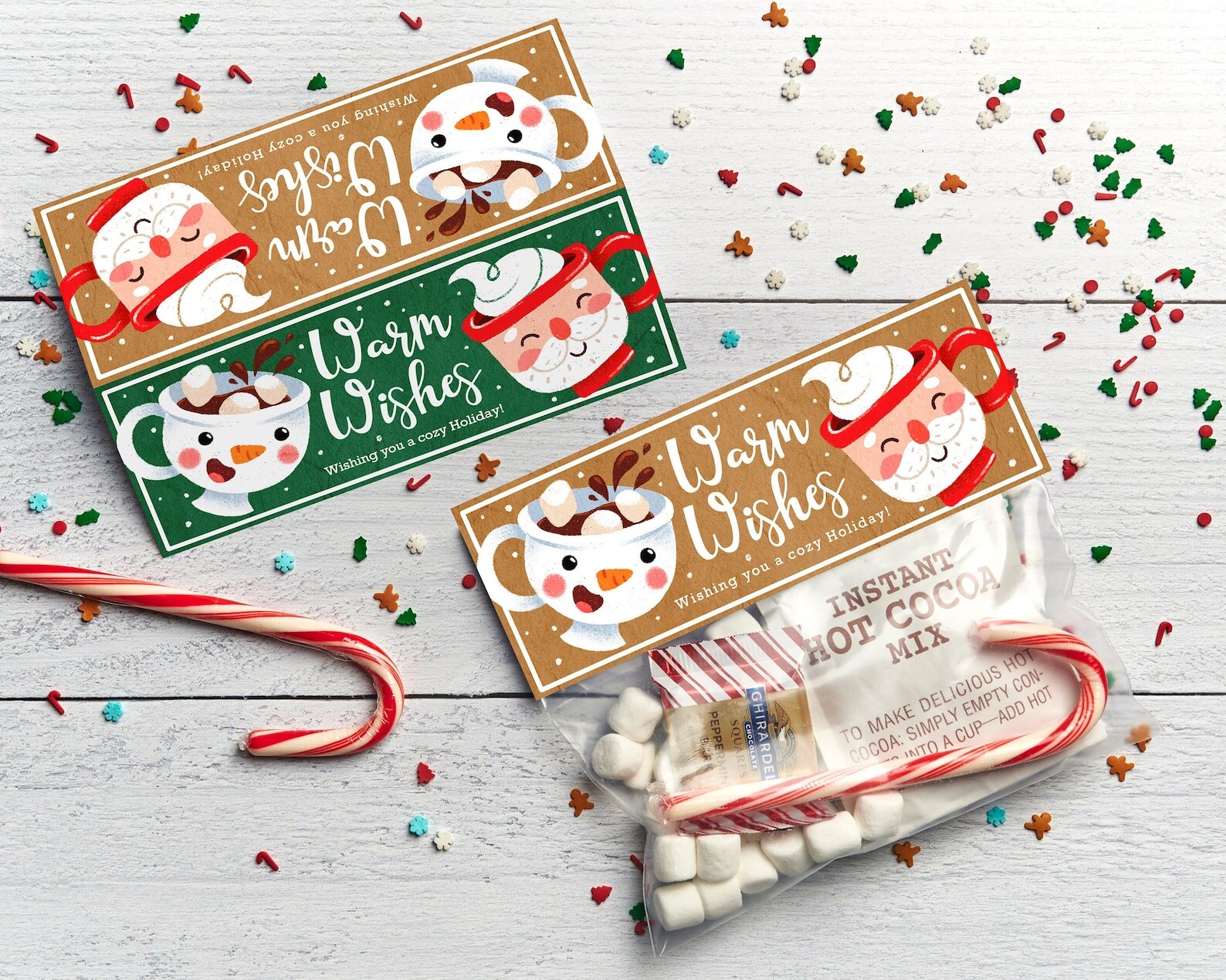 Photo of printed Warm Wishes treat bags with an instant hot cocoa mix and candy canes