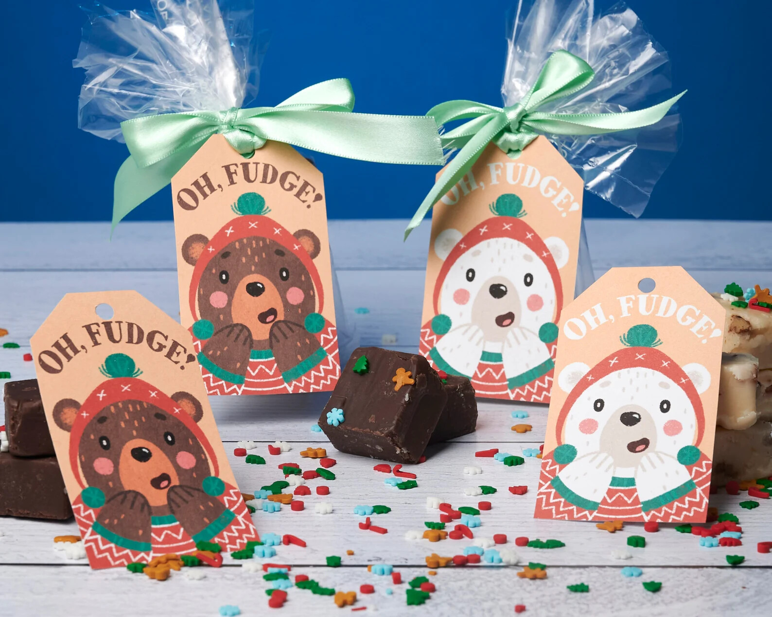 Photo of Oh Fudge gift tags tied with ribbon to bags of homemade fudge